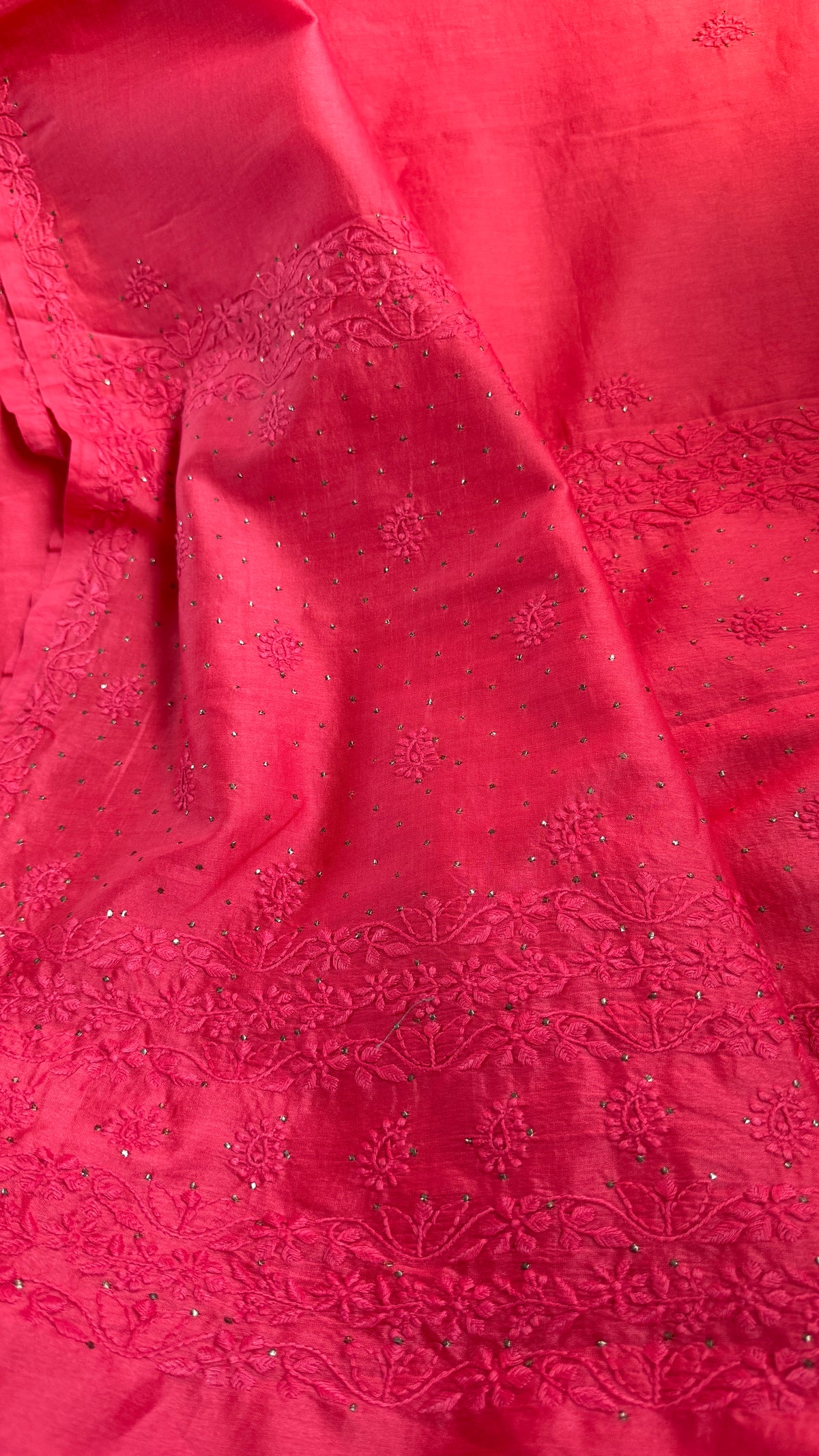 Pure Chanderi Chikankari saree in Carrot Red