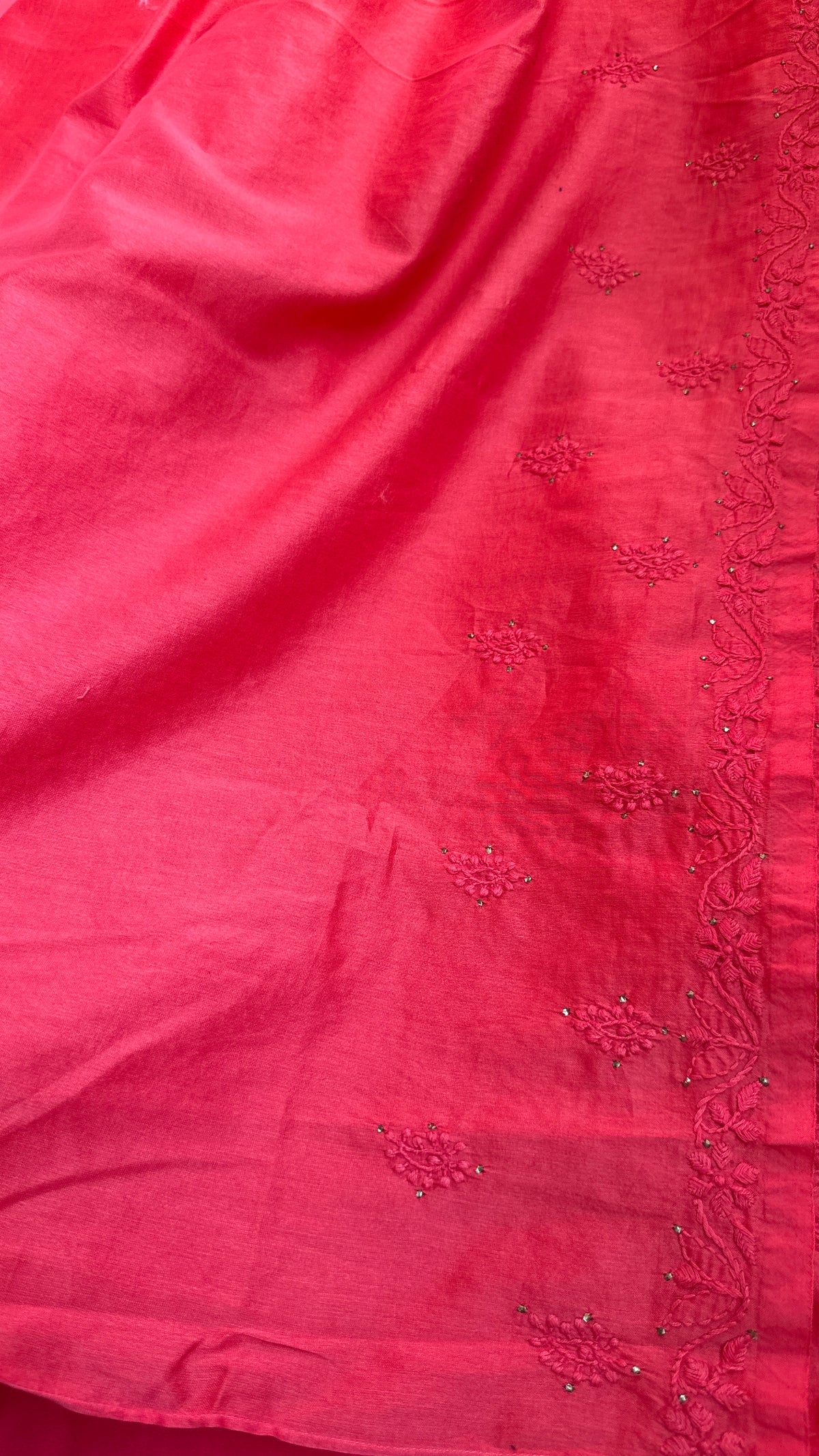 Pure Chanderi Chikankari saree in Carrot Red