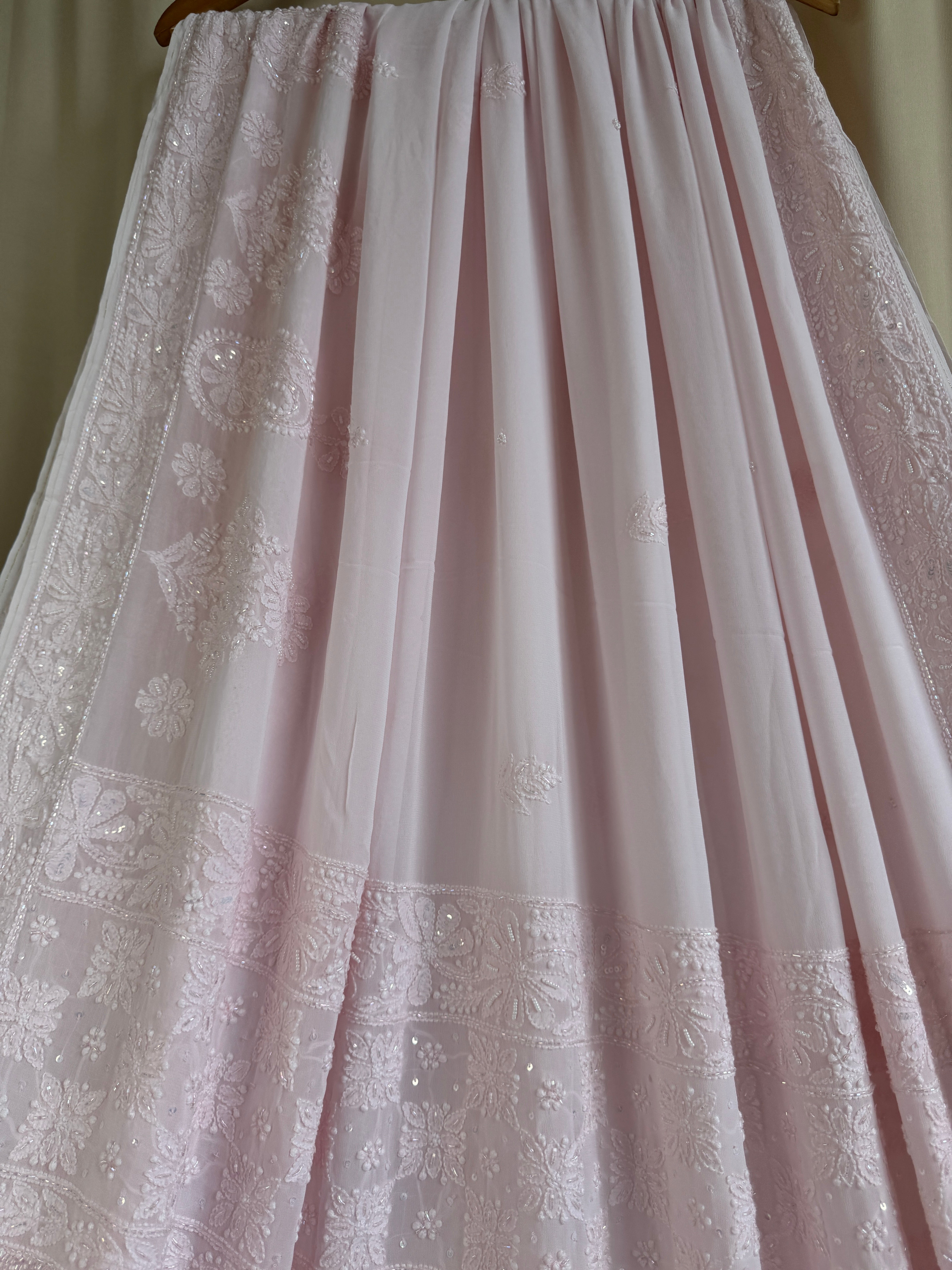 Viscose Baby Pink Chikankari saree with Pearl embellishments