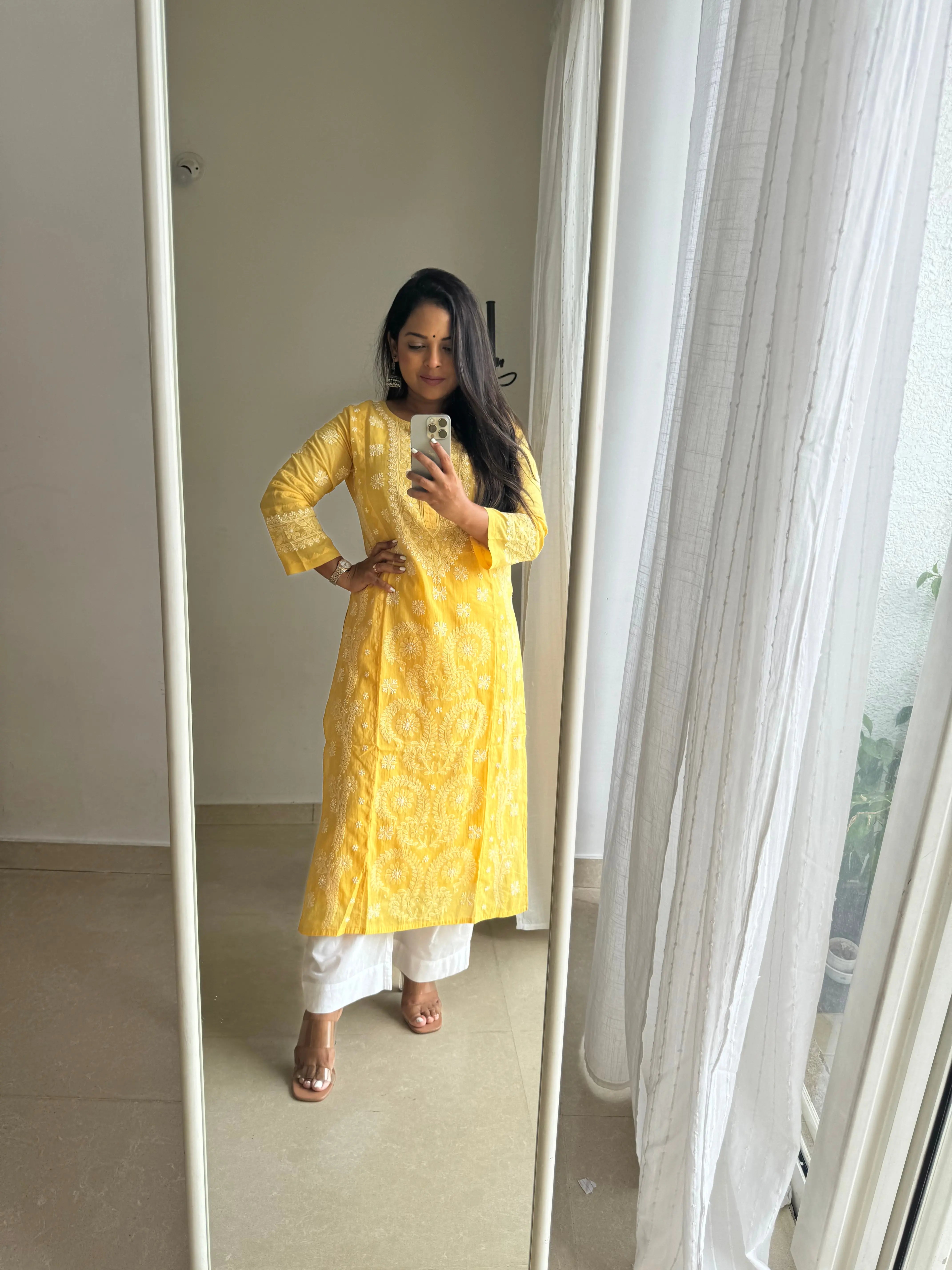 Mul Cotton Chikankari Kurti - Yellow ARIAA CHIKANKARI 