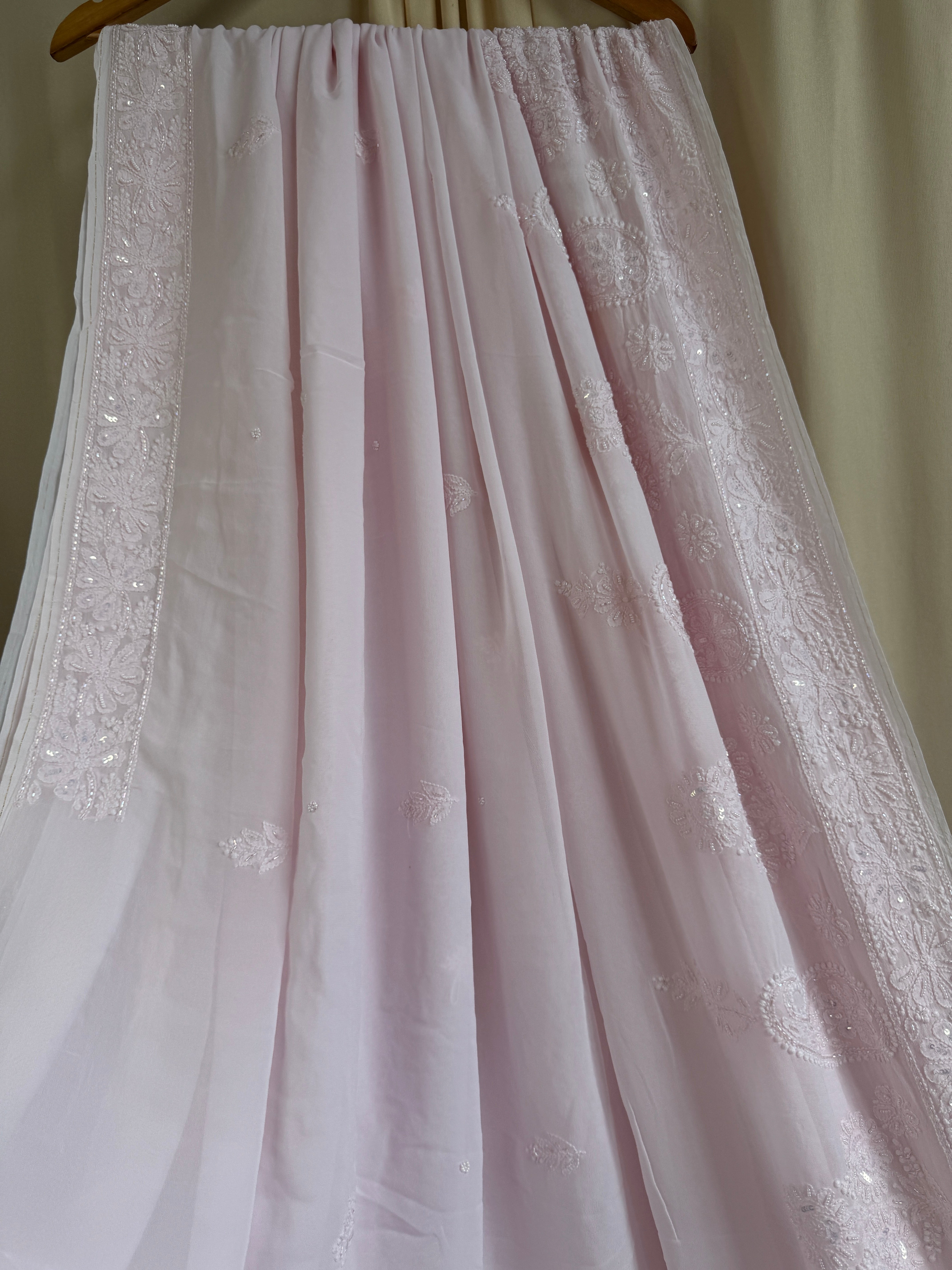 Viscose Baby Pink Chikankari saree with Pearl embellishments