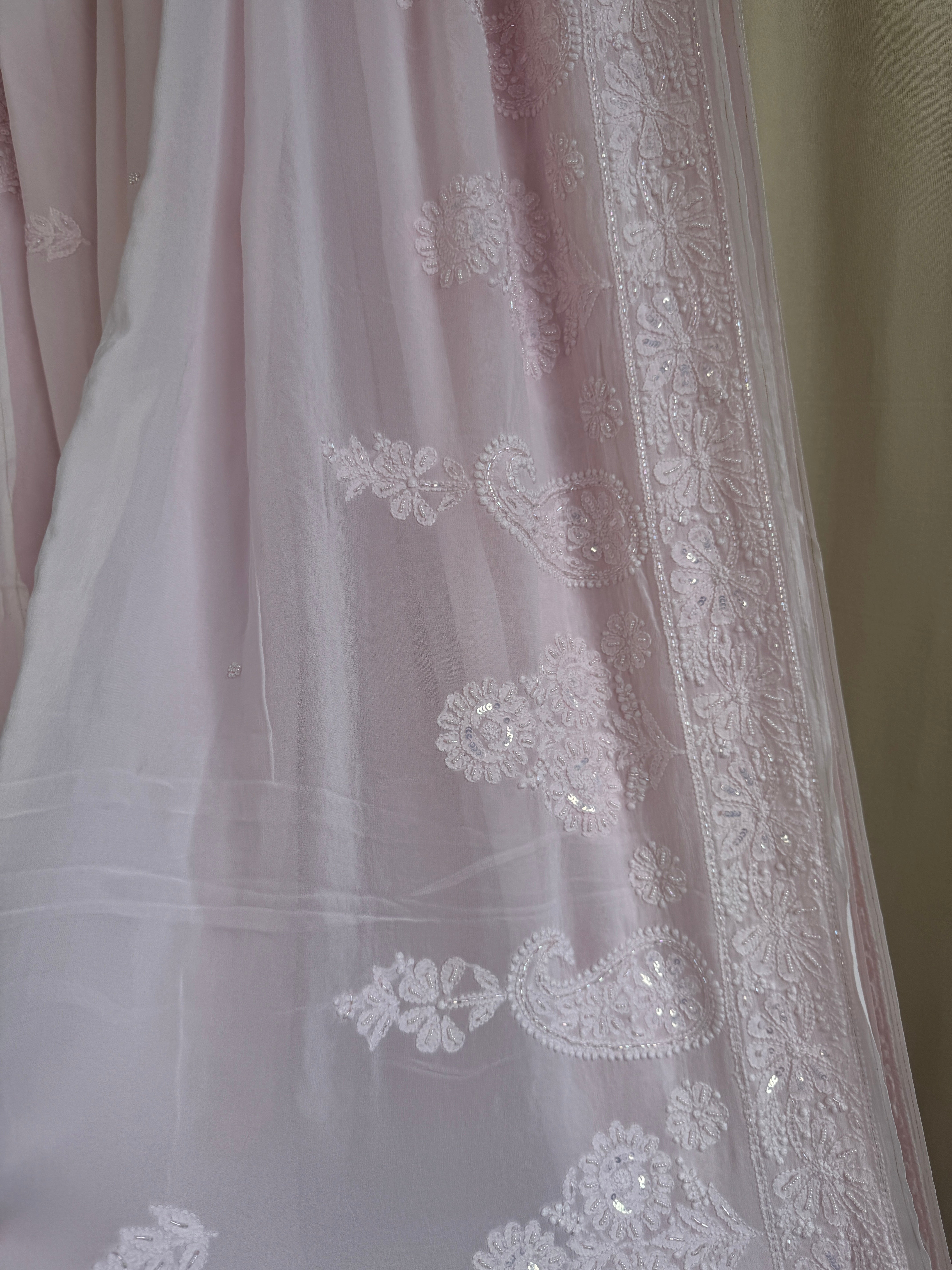 Viscose Baby Pink Chikankari saree with Pearl embellishments