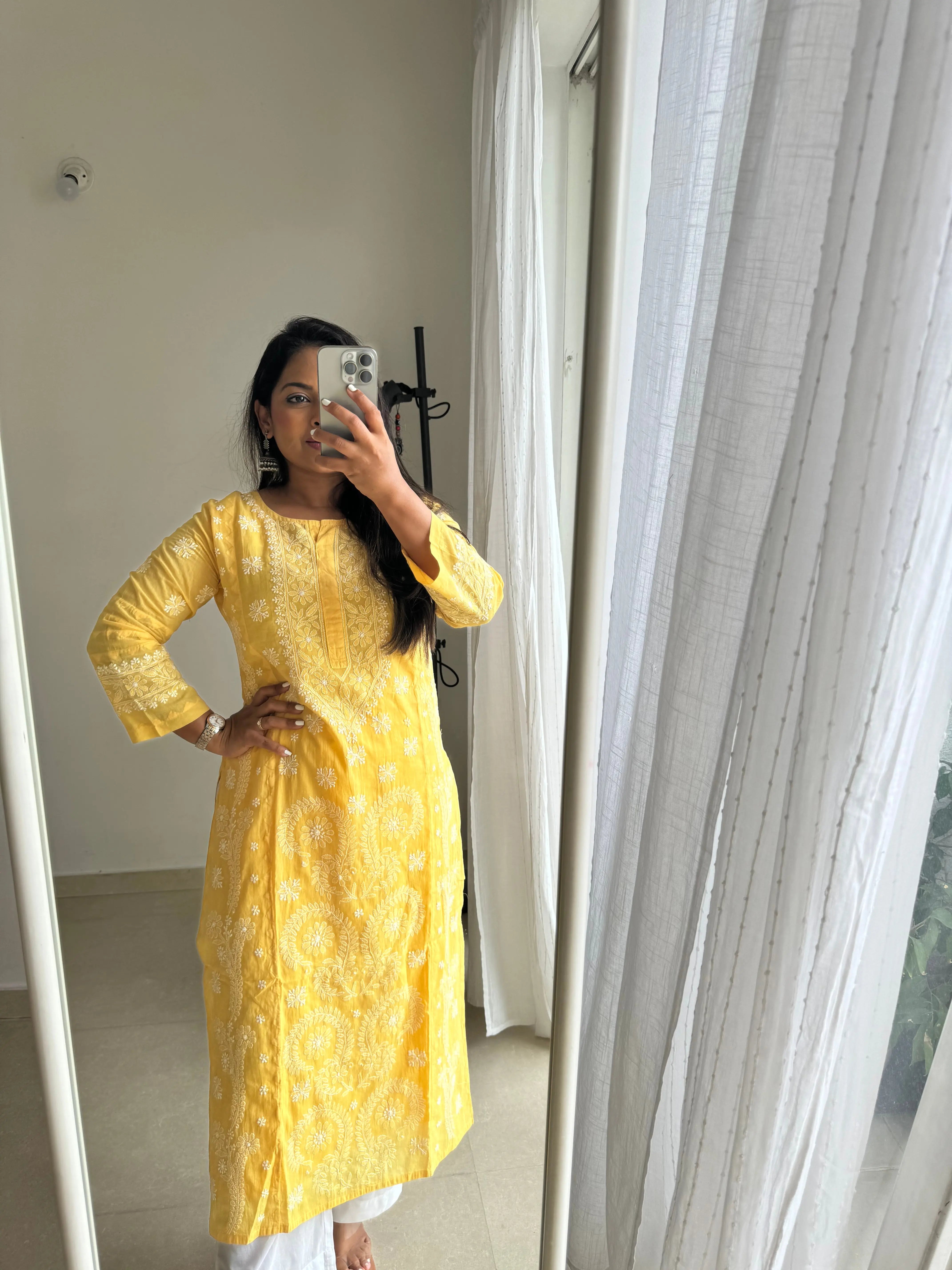 Mul Cotton Chikankari Kurti - Yellow ARIAA CHIKANKARI 