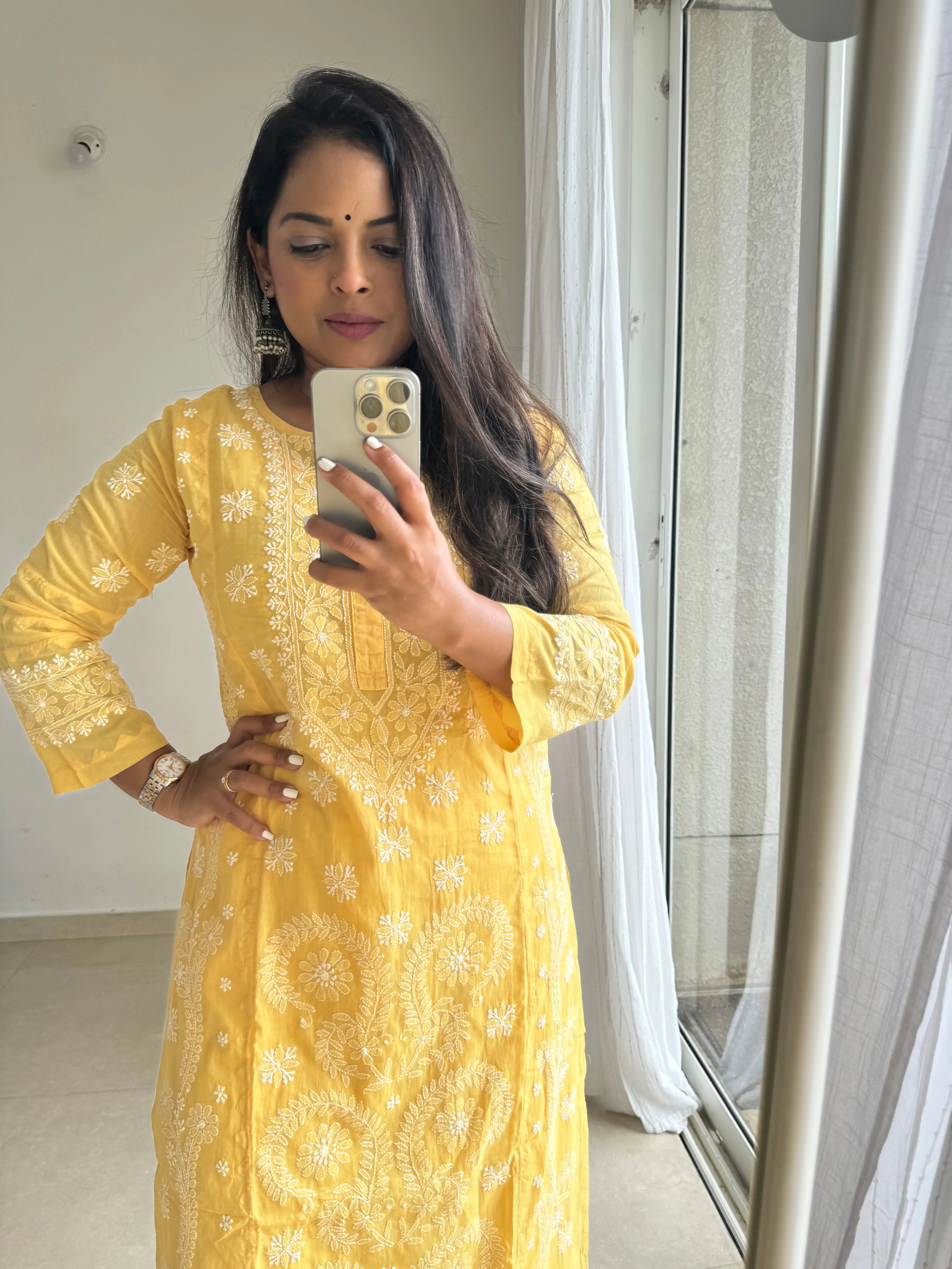 Mul Cotton Chikankari Kurti - Yellow ARIAA CHIKANKARI 