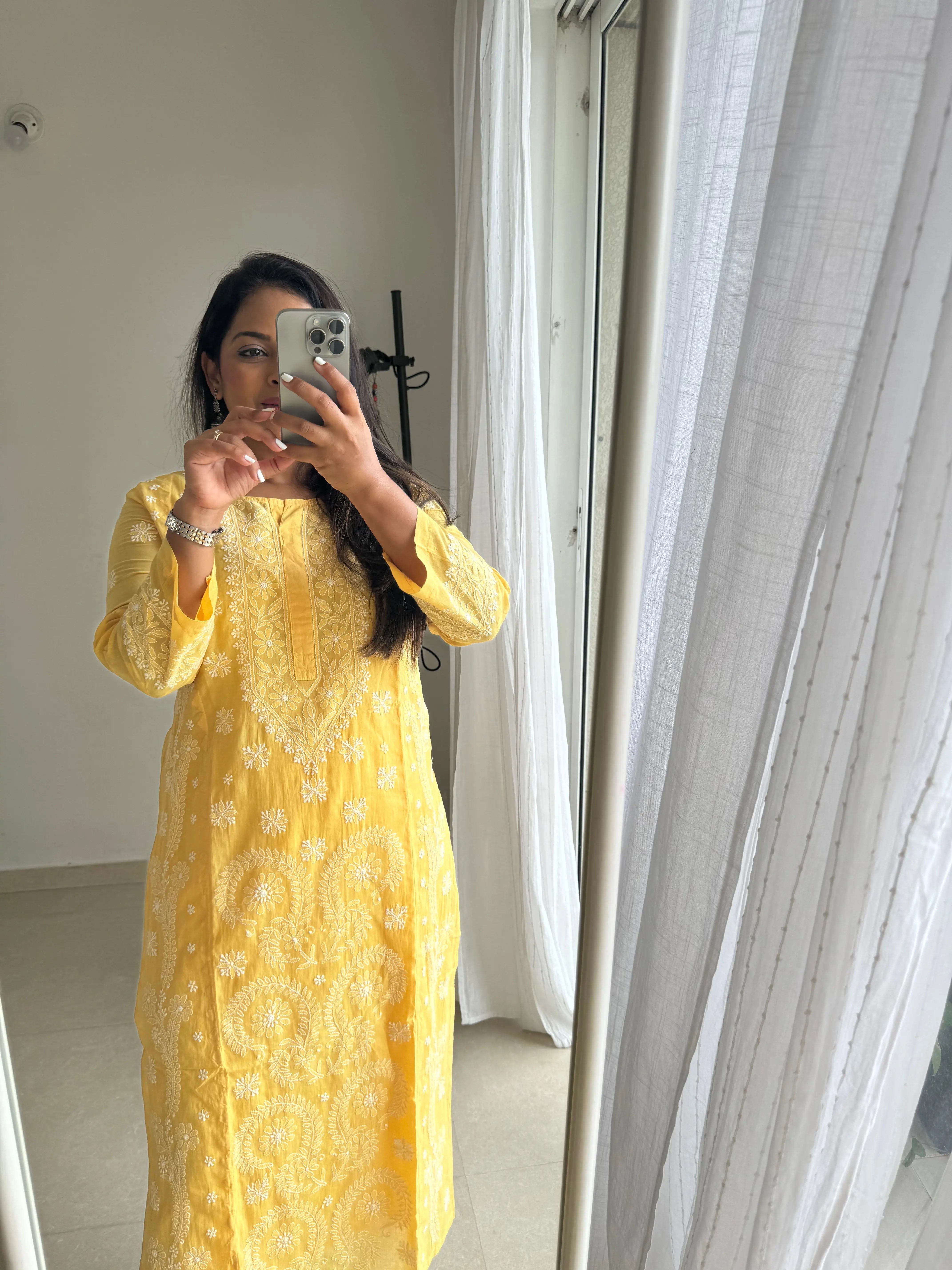 Mul Cotton Chikankari Kurti - Yellow ARIAA CHIKANKARI 