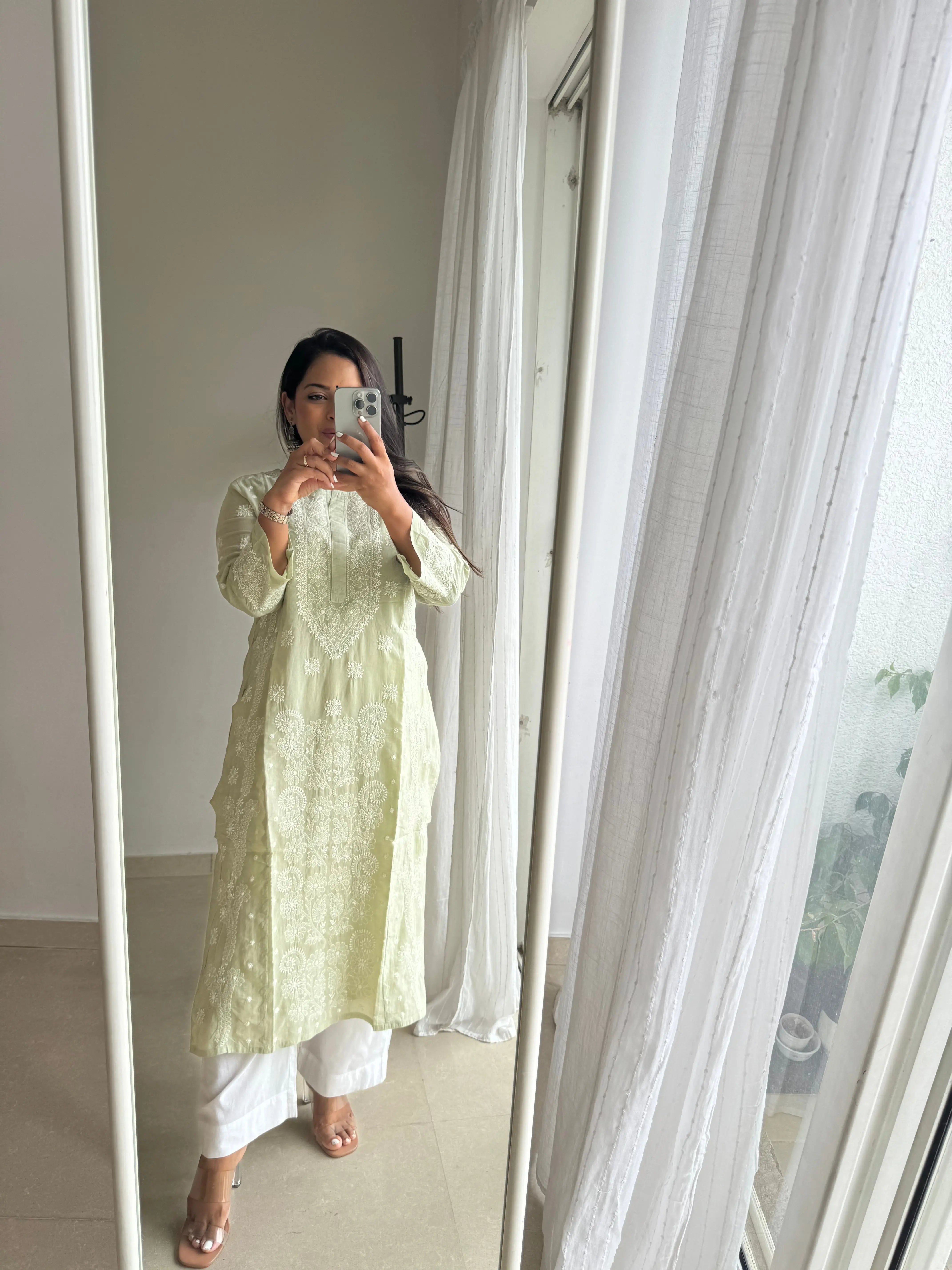 Mul Cotton Chikankari Kurti - Sage Green ARIAA CHIKANKARI 