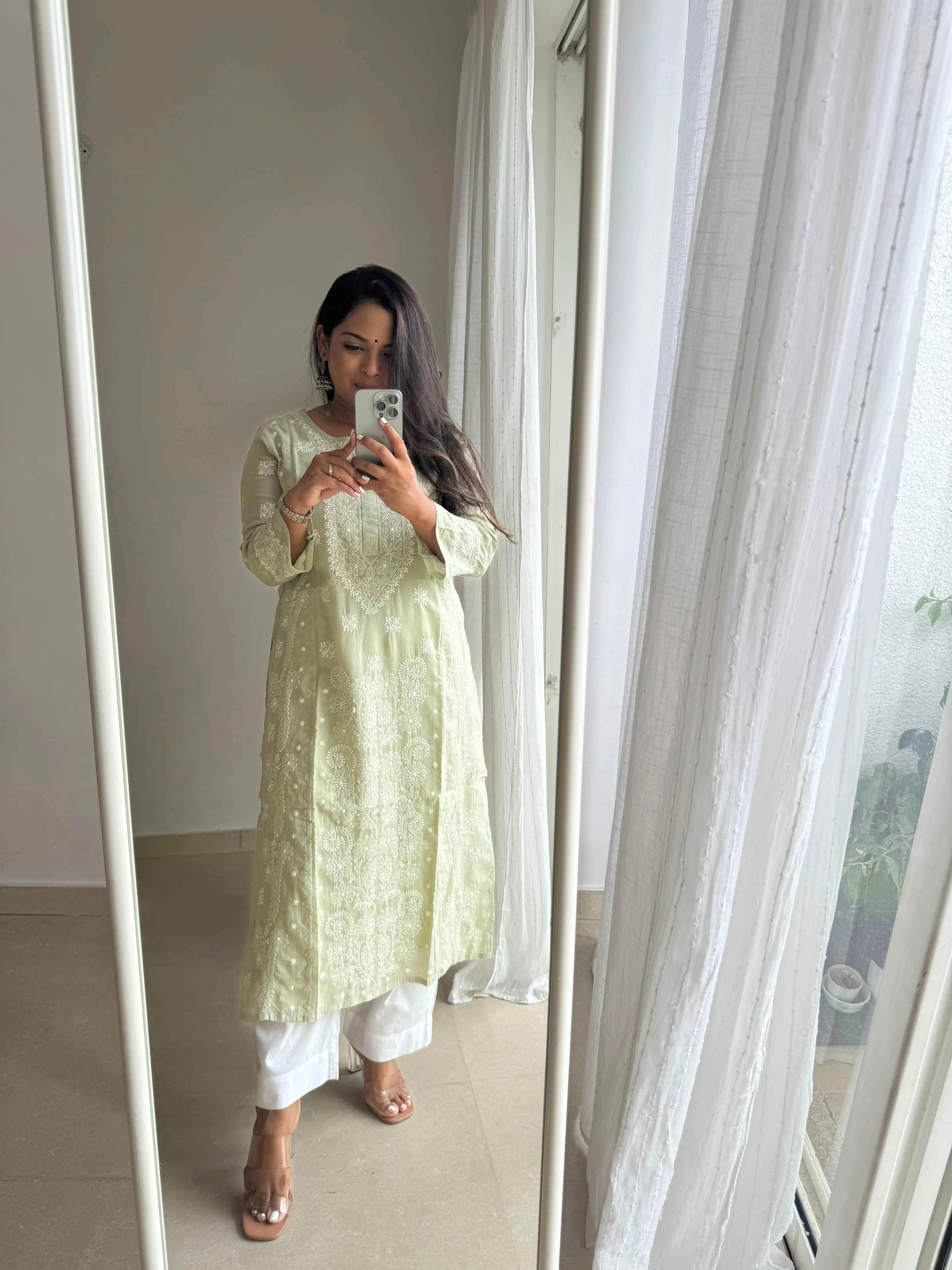 Mul Cotton Chikankari Kurti - Sage Green ARIAA CHIKANKARI 