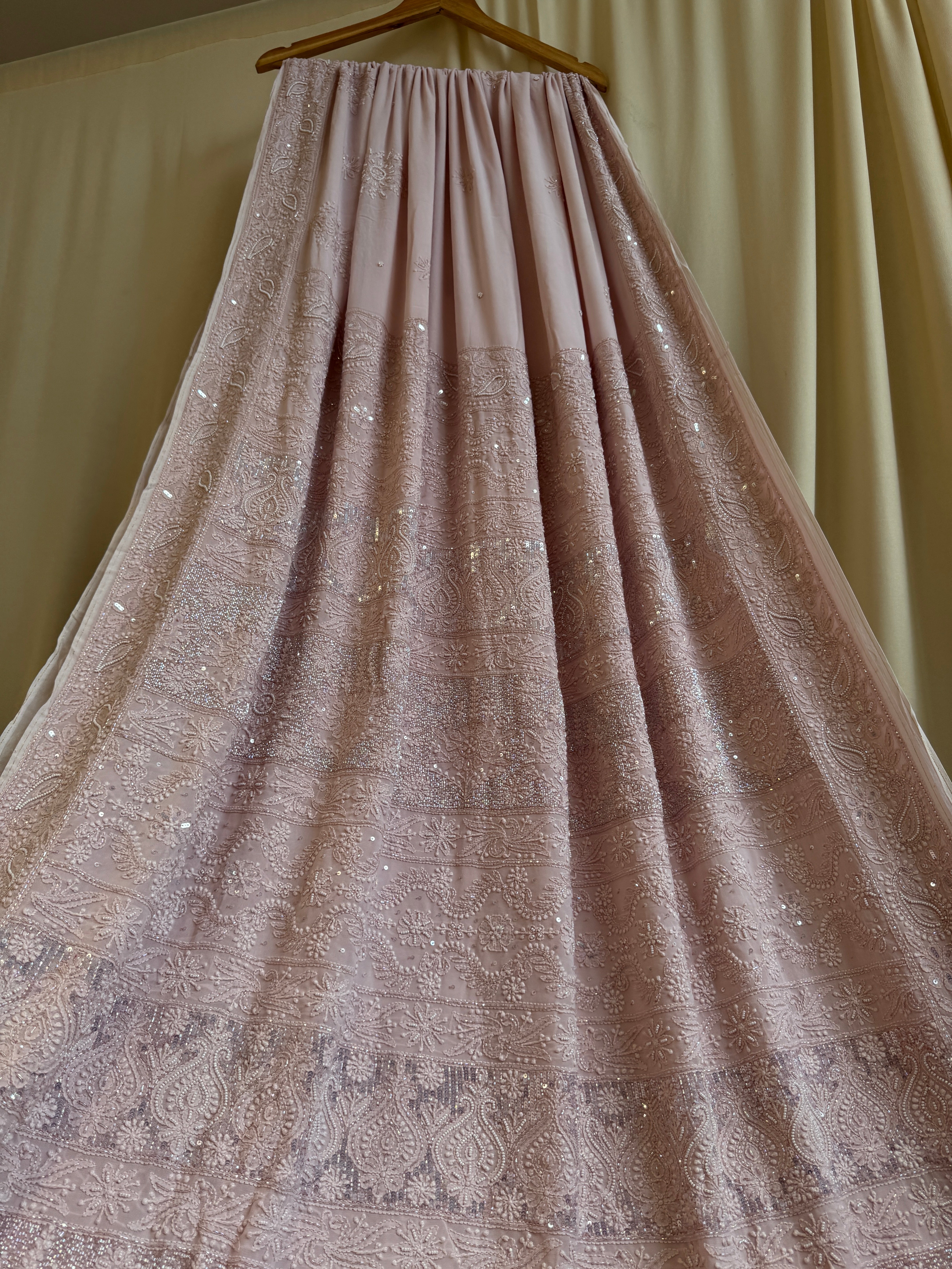 Viscose Rose Pink Chikankari saree with Pearl embellishments ARIAA CHIKANKARI 
