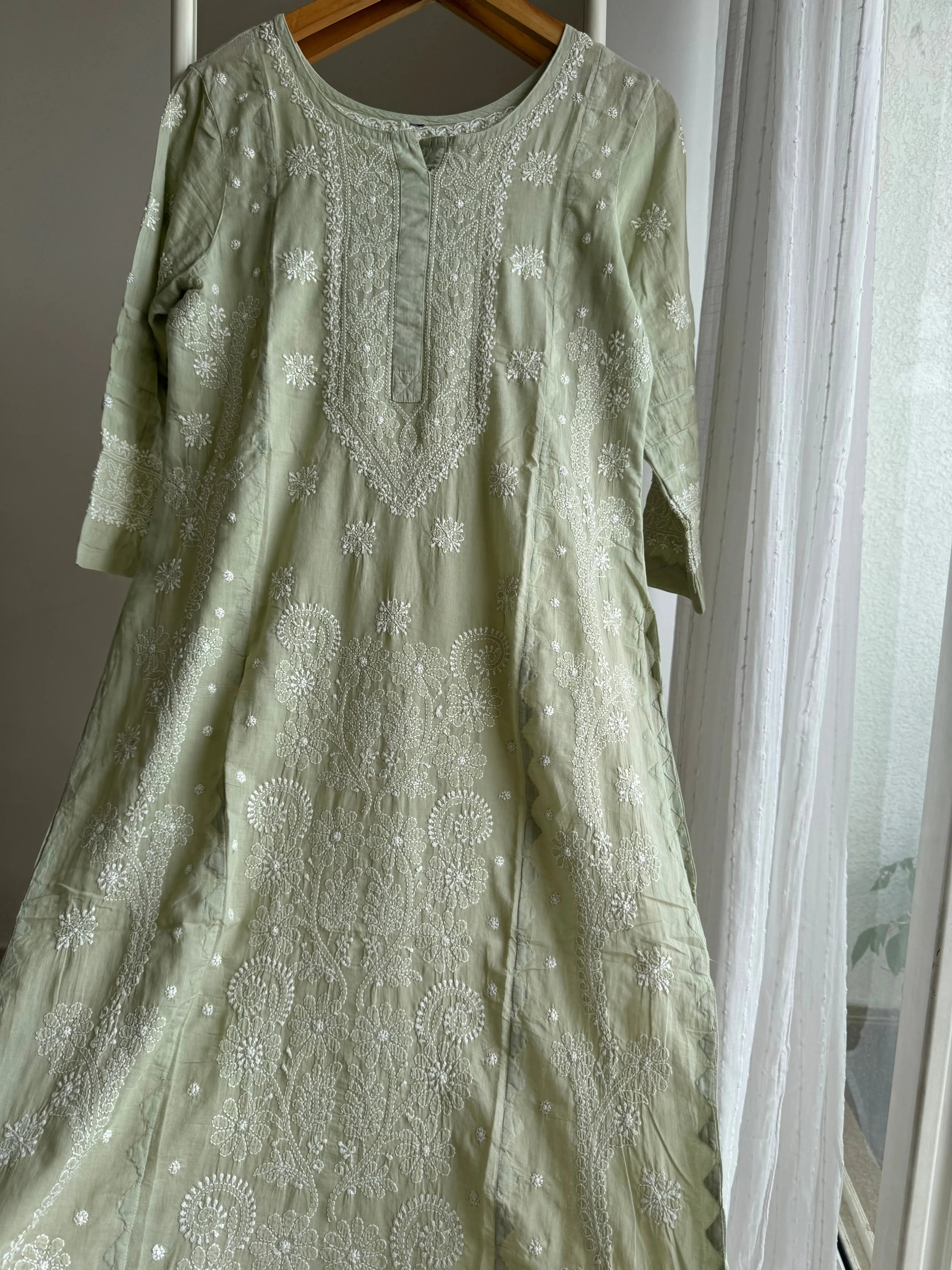 Mul Cotton Chikankari Kurti - Sage Green ARIAA CHIKANKARI 