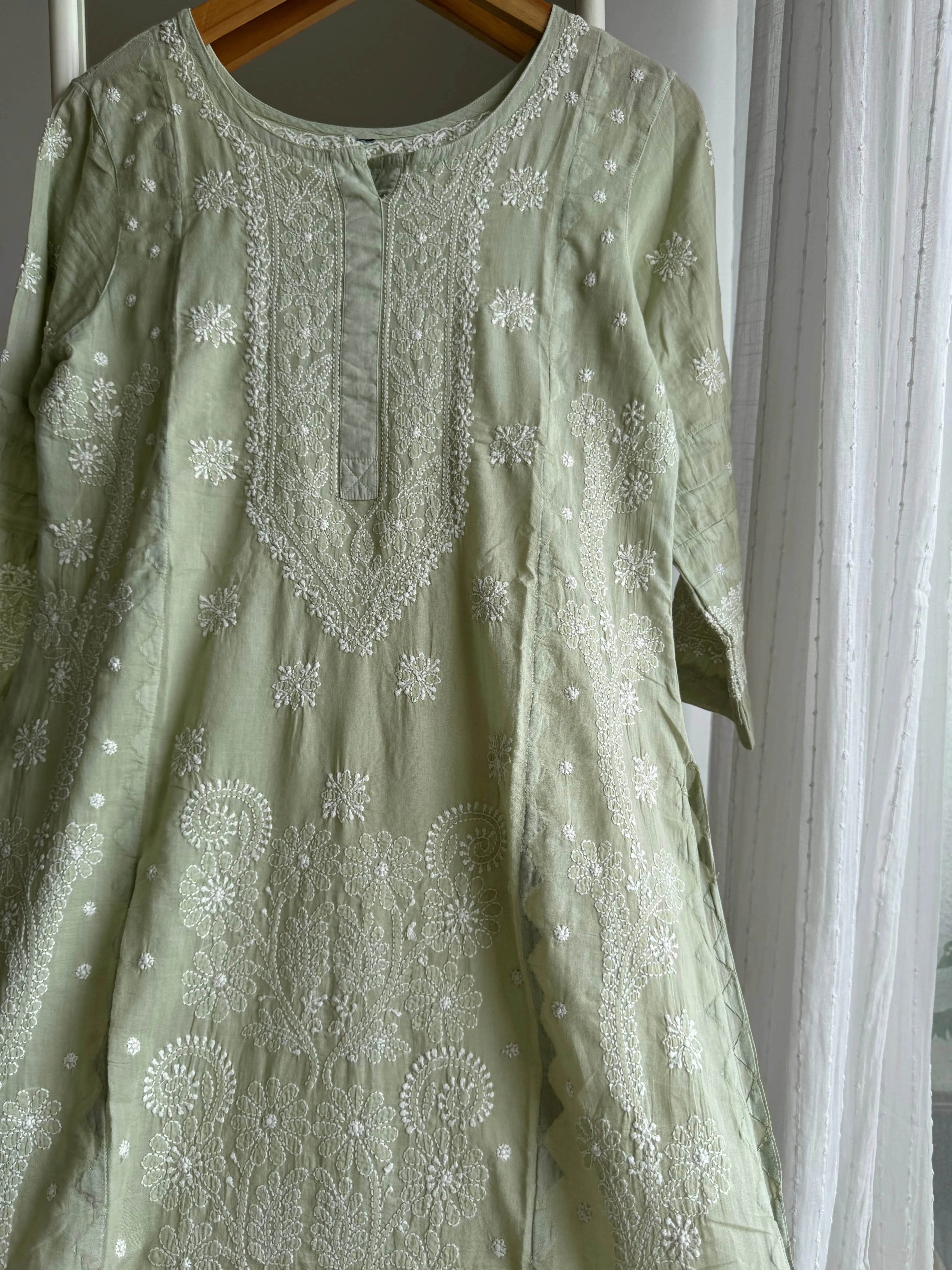 Mul Cotton Chikankari Kurti - Sage Green ARIAA CHIKANKARI 