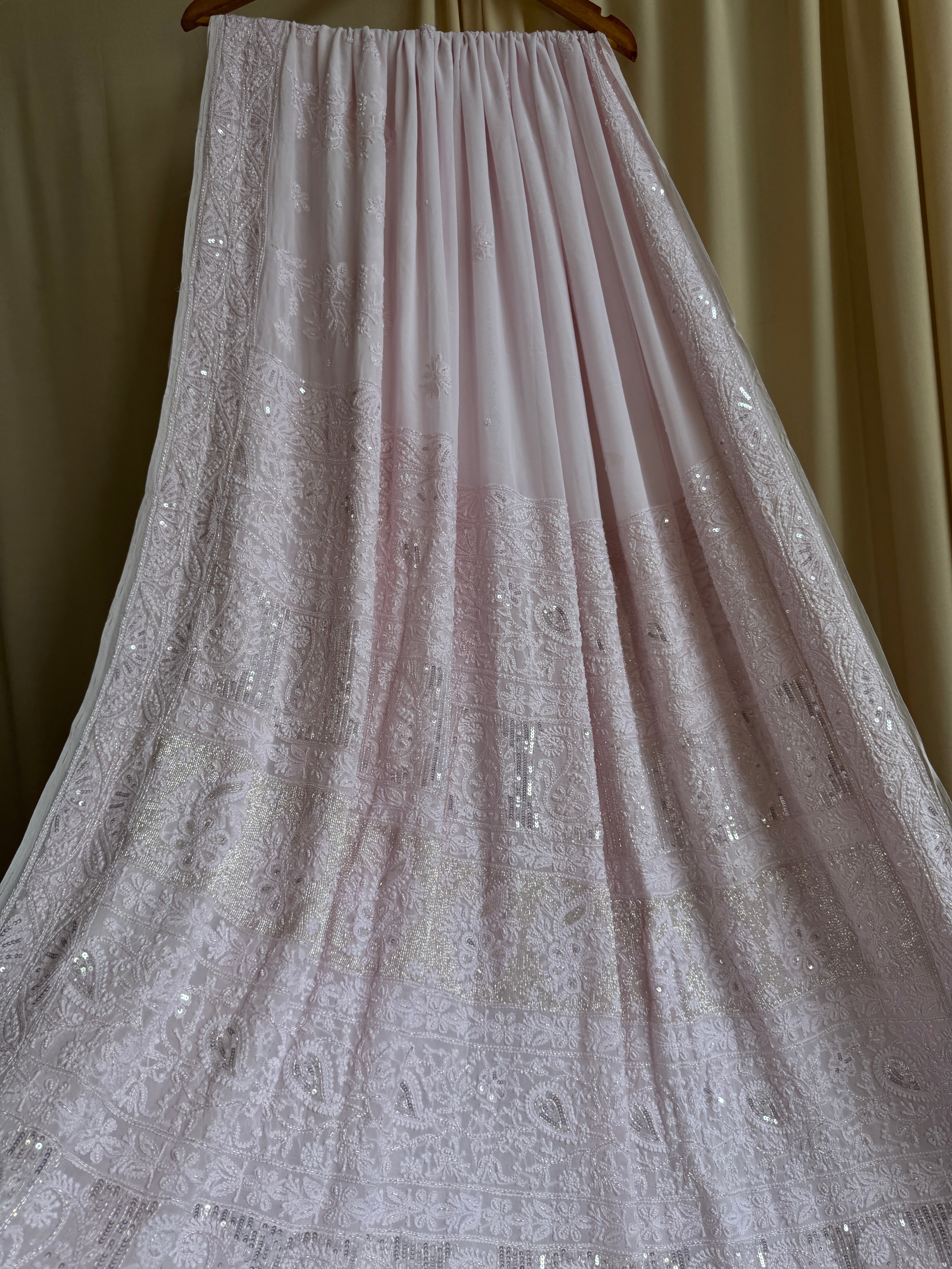 Viscose Baby Pink Chikankari saree with Pearl embellishments