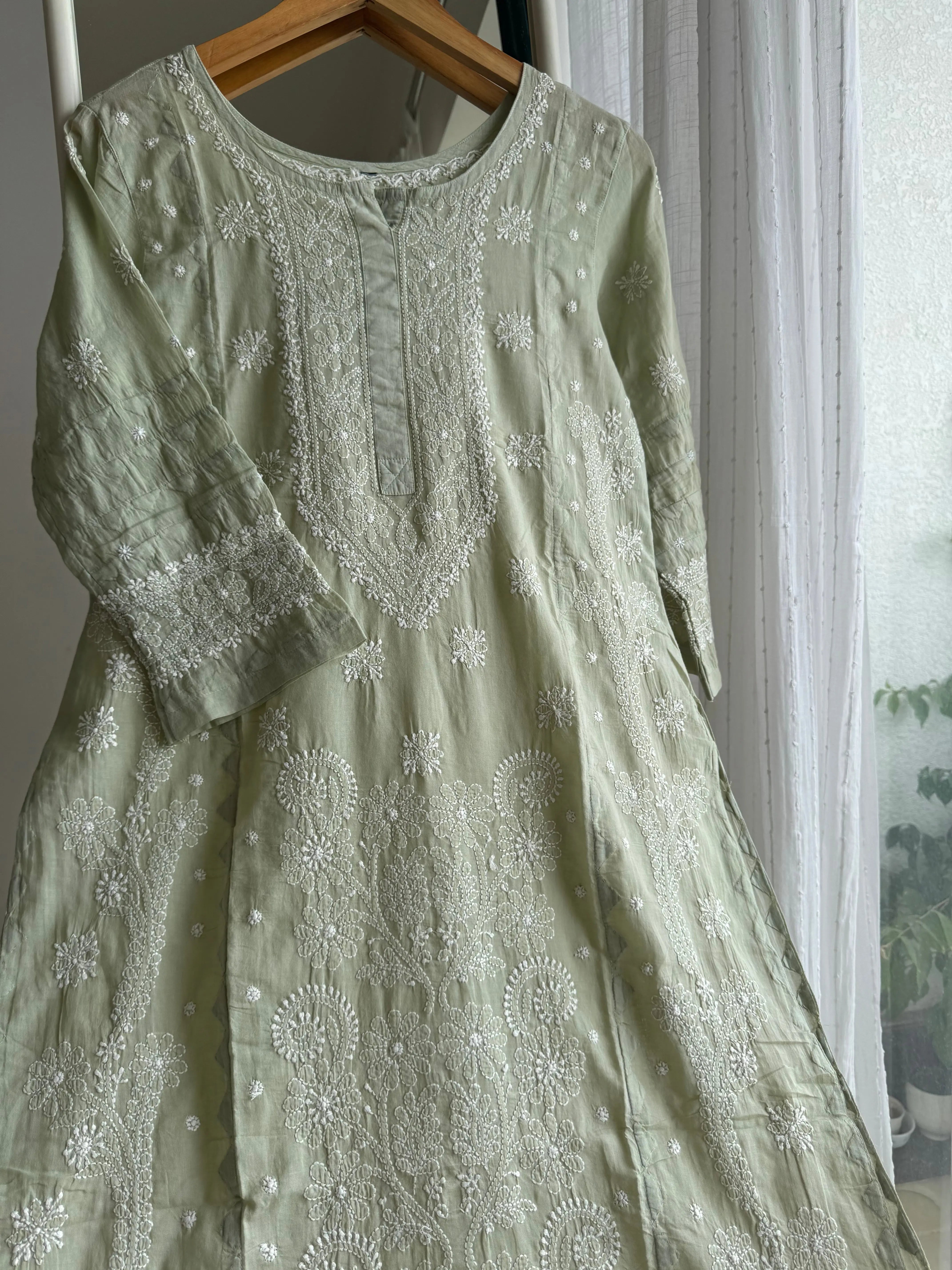 Mul Cotton Chikankari Kurti - Sage Green ARIAA CHIKANKARI 