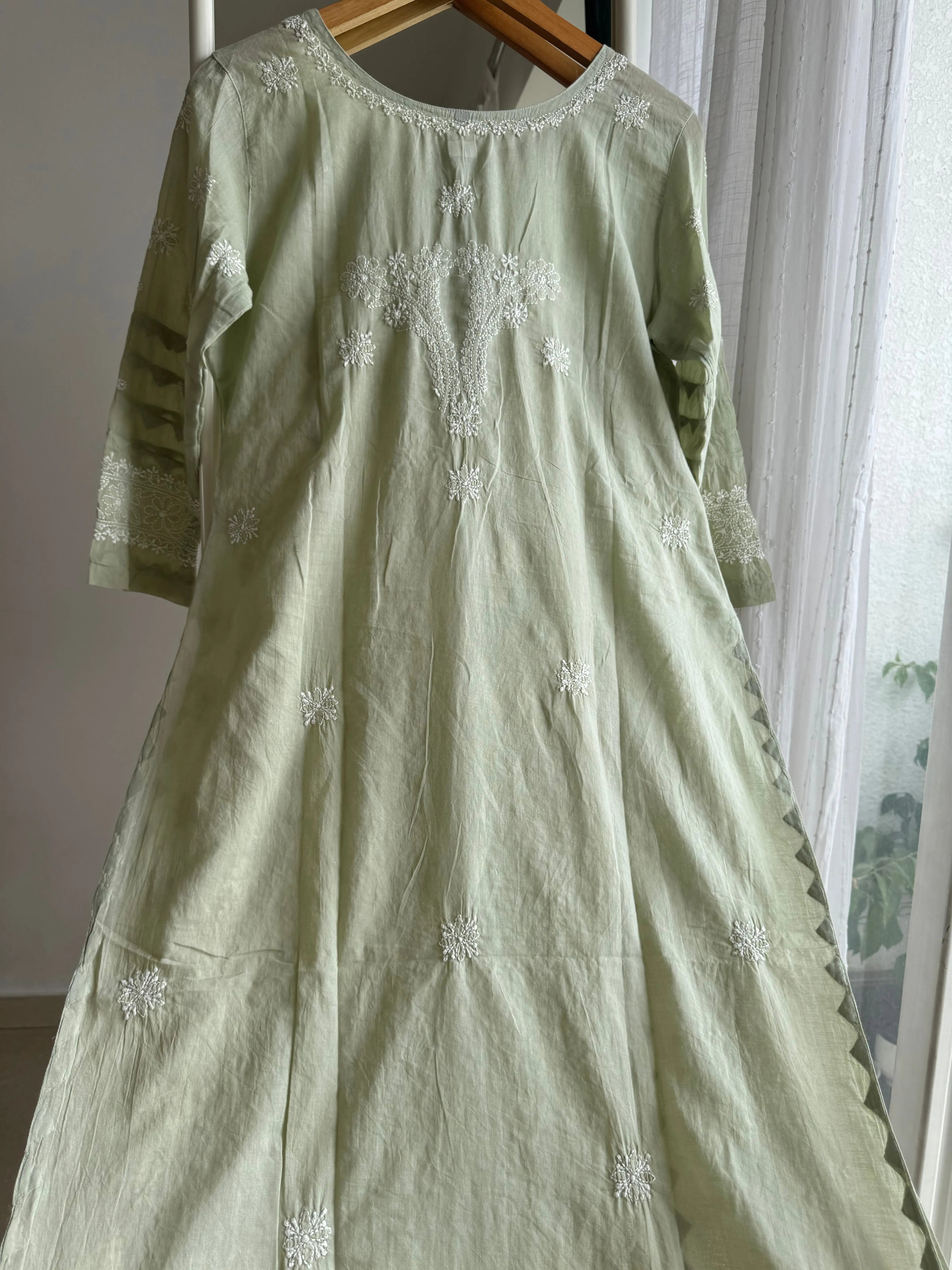 Mul Cotton Chikankari Kurti - Sage Green ARIAA CHIKANKARI 