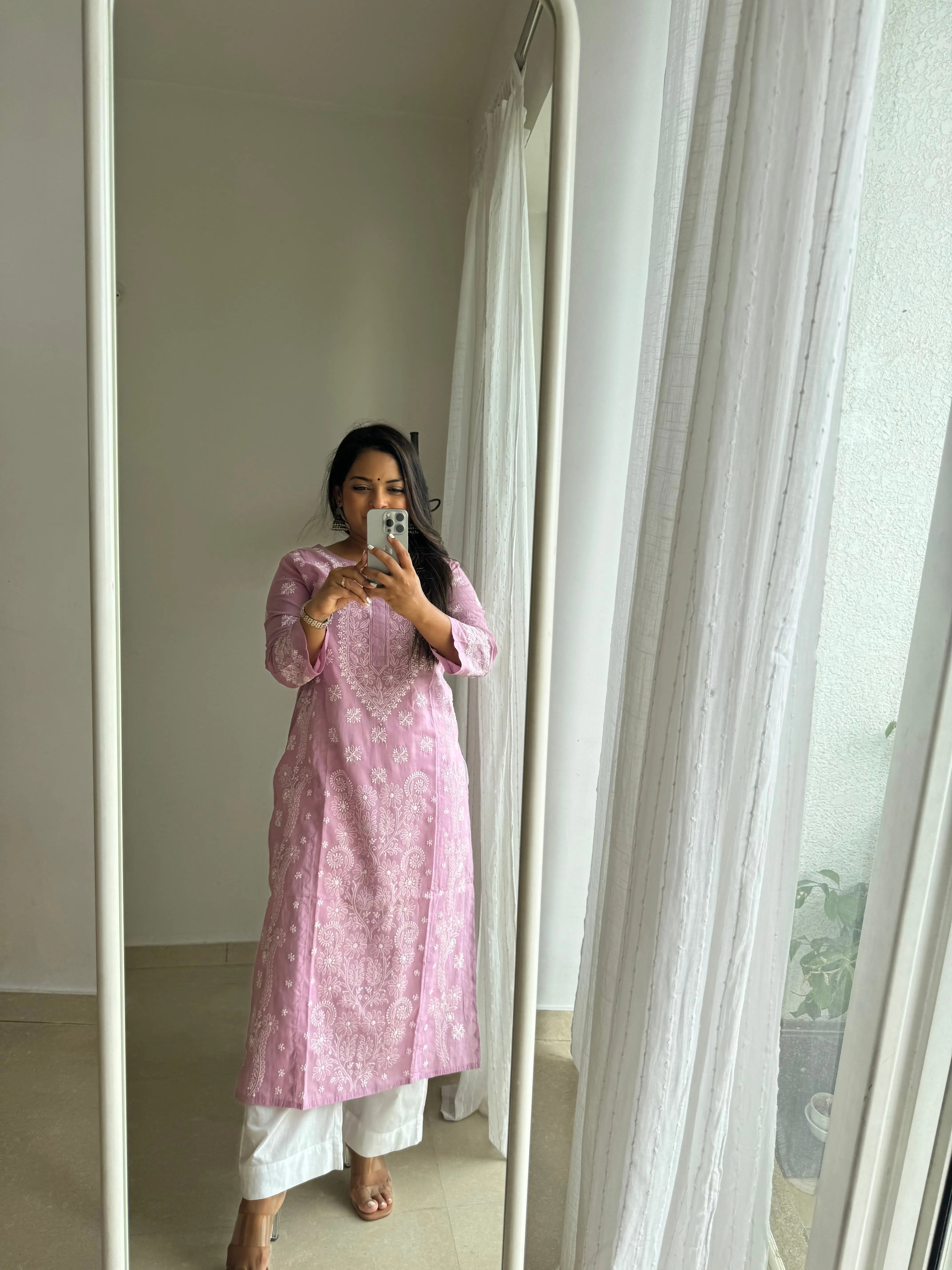 Mul Cotton Chikankari Kurti - Lilac ARIAA CHIKANKARI 