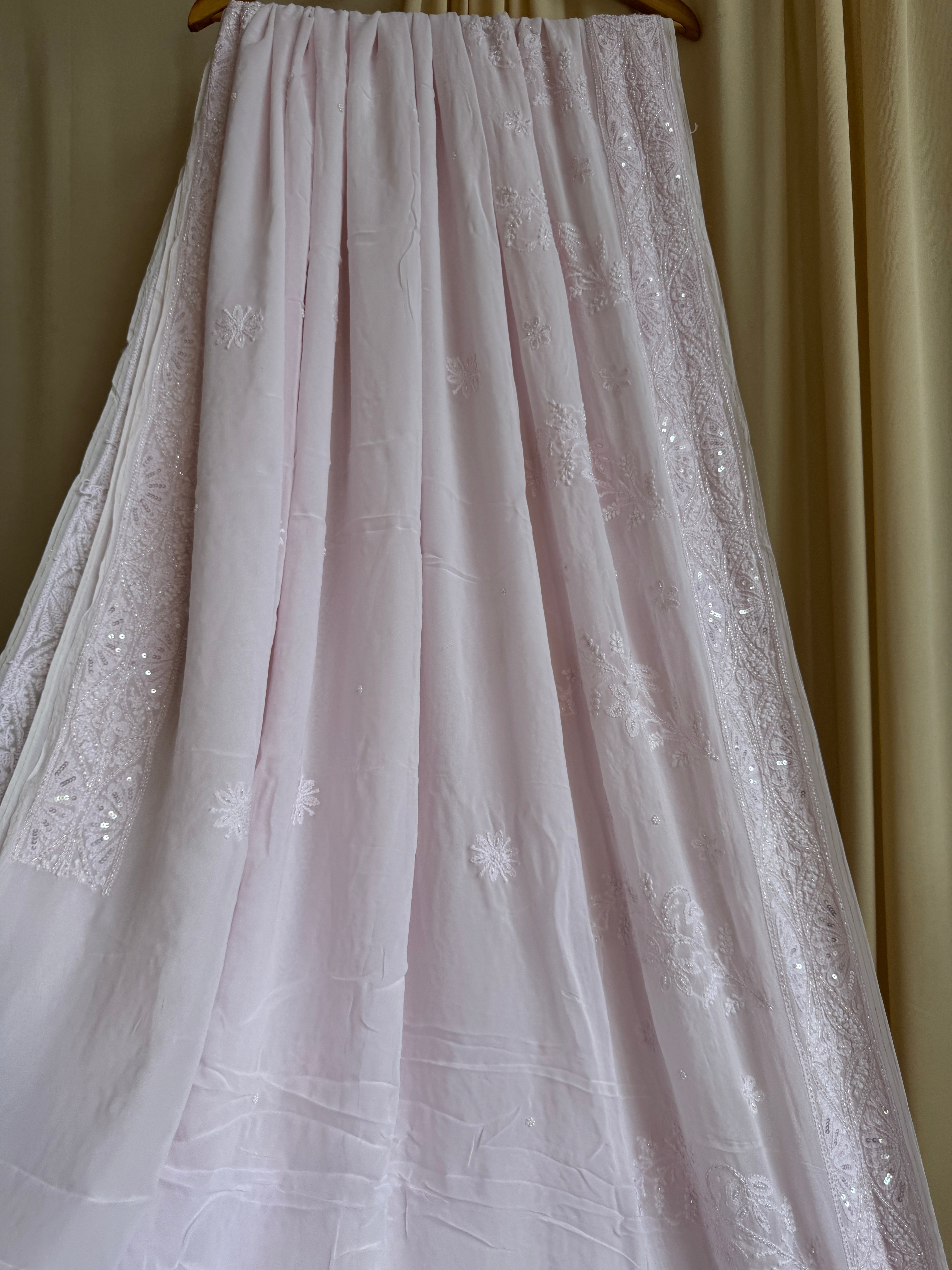 Viscose Baby Pink Chikankari saree with Pearl embellishments
