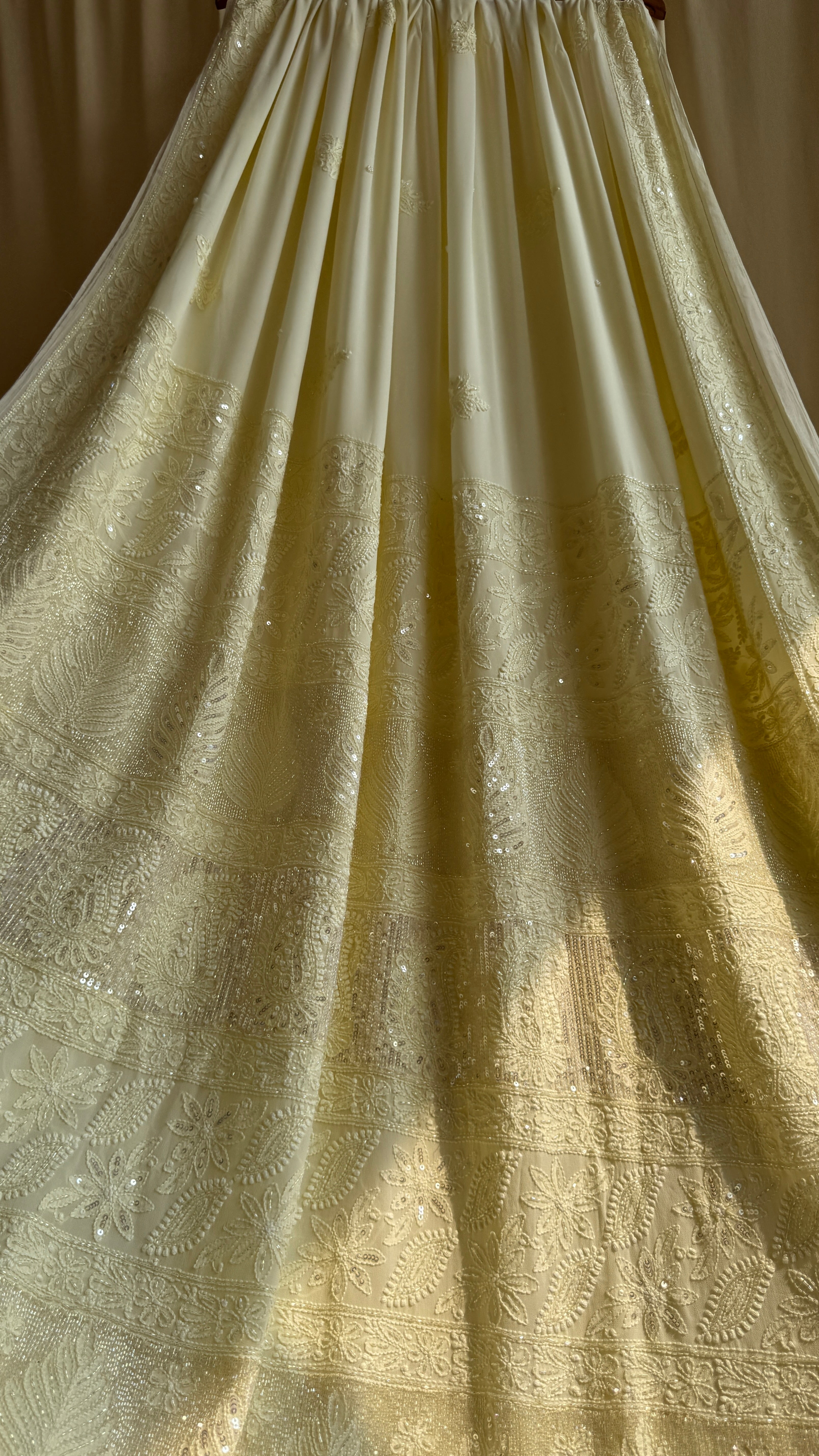 Viscose Lemon Yellow Chikankari saree with Pearl embellishments