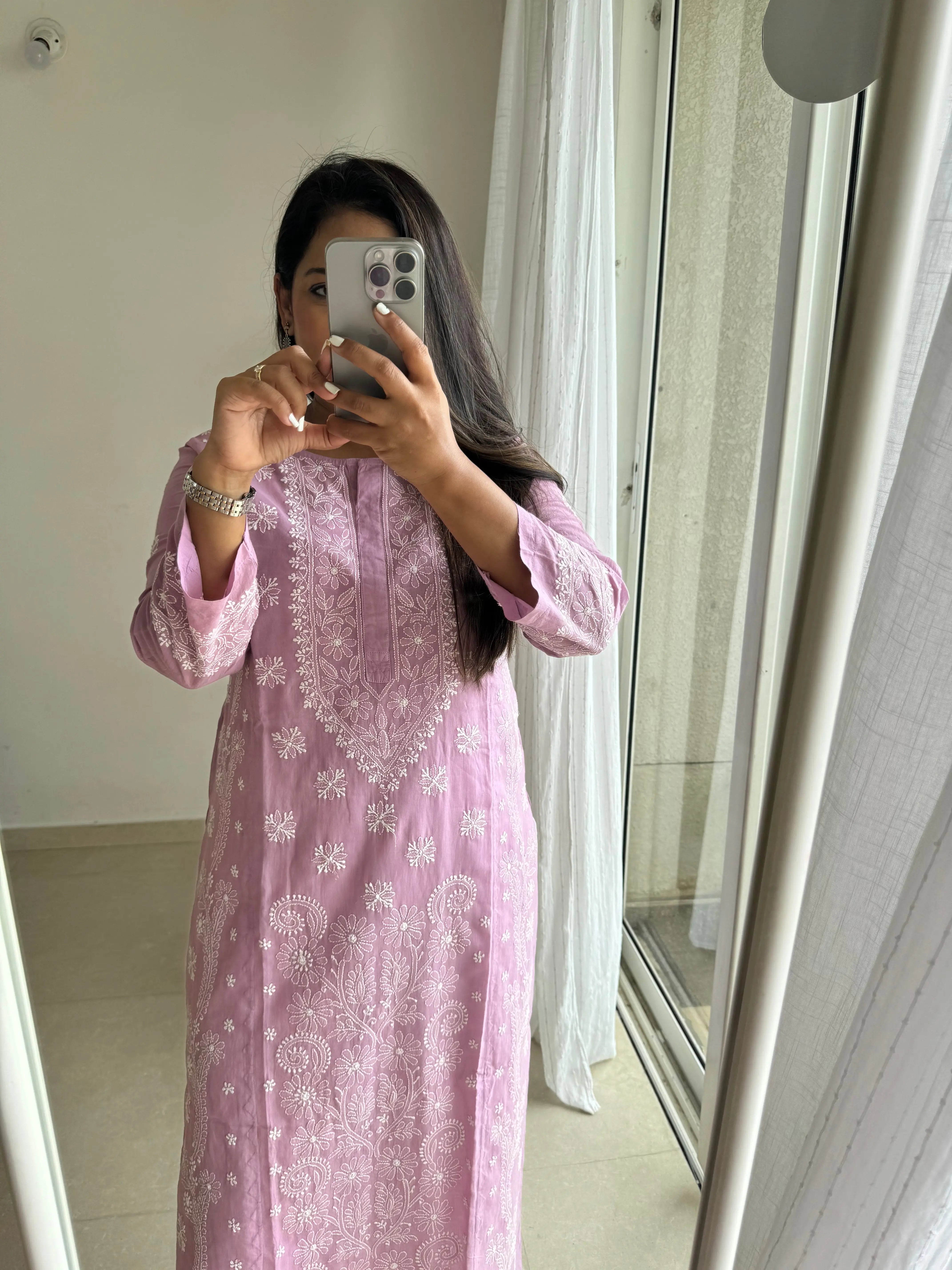 Mul Cotton Chikankari Kurti - Lilac ARIAA CHIKANKARI 