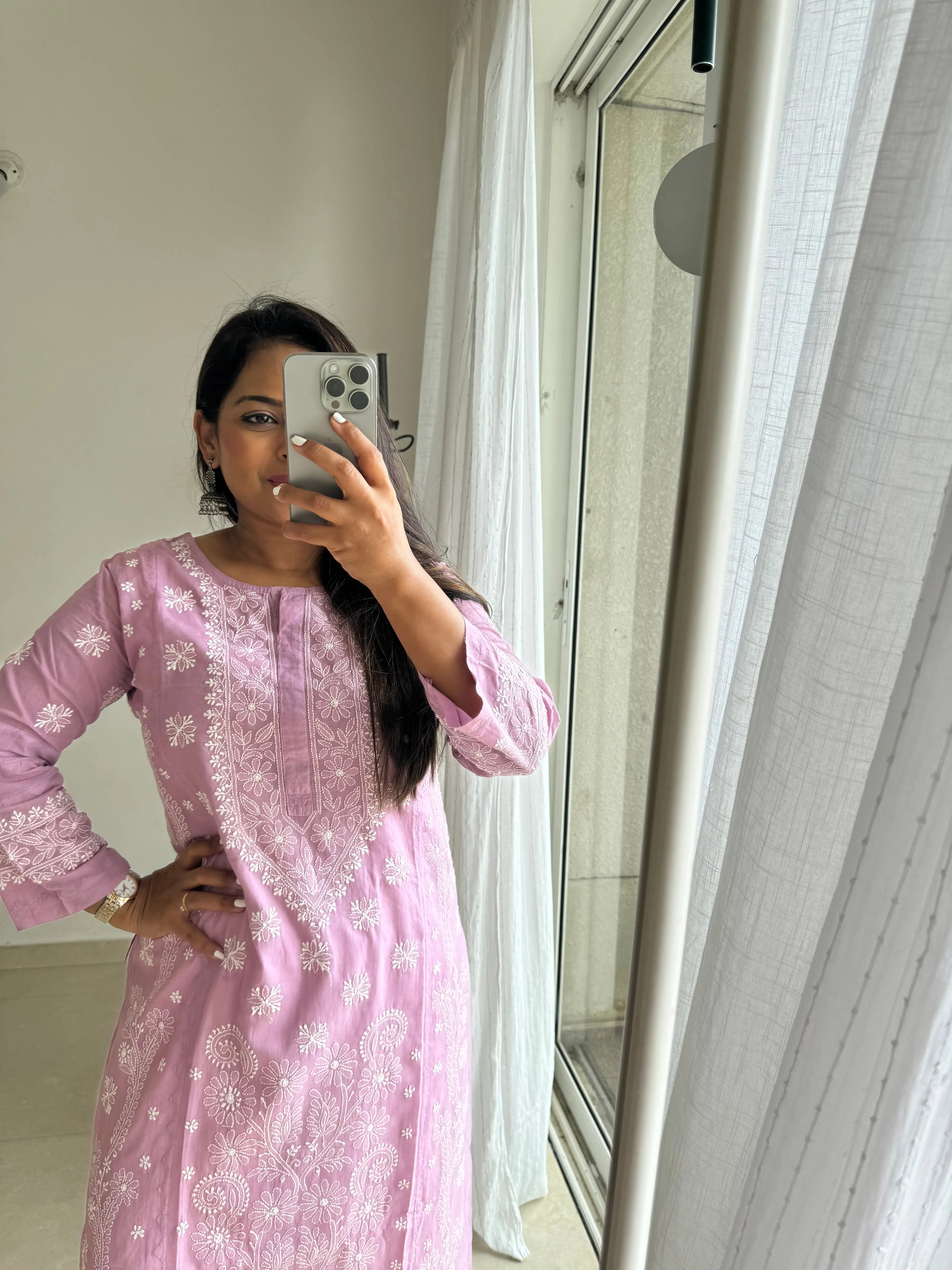 Mul Cotton Chikankari Kurti - Lilac ARIAA CHIKANKARI 