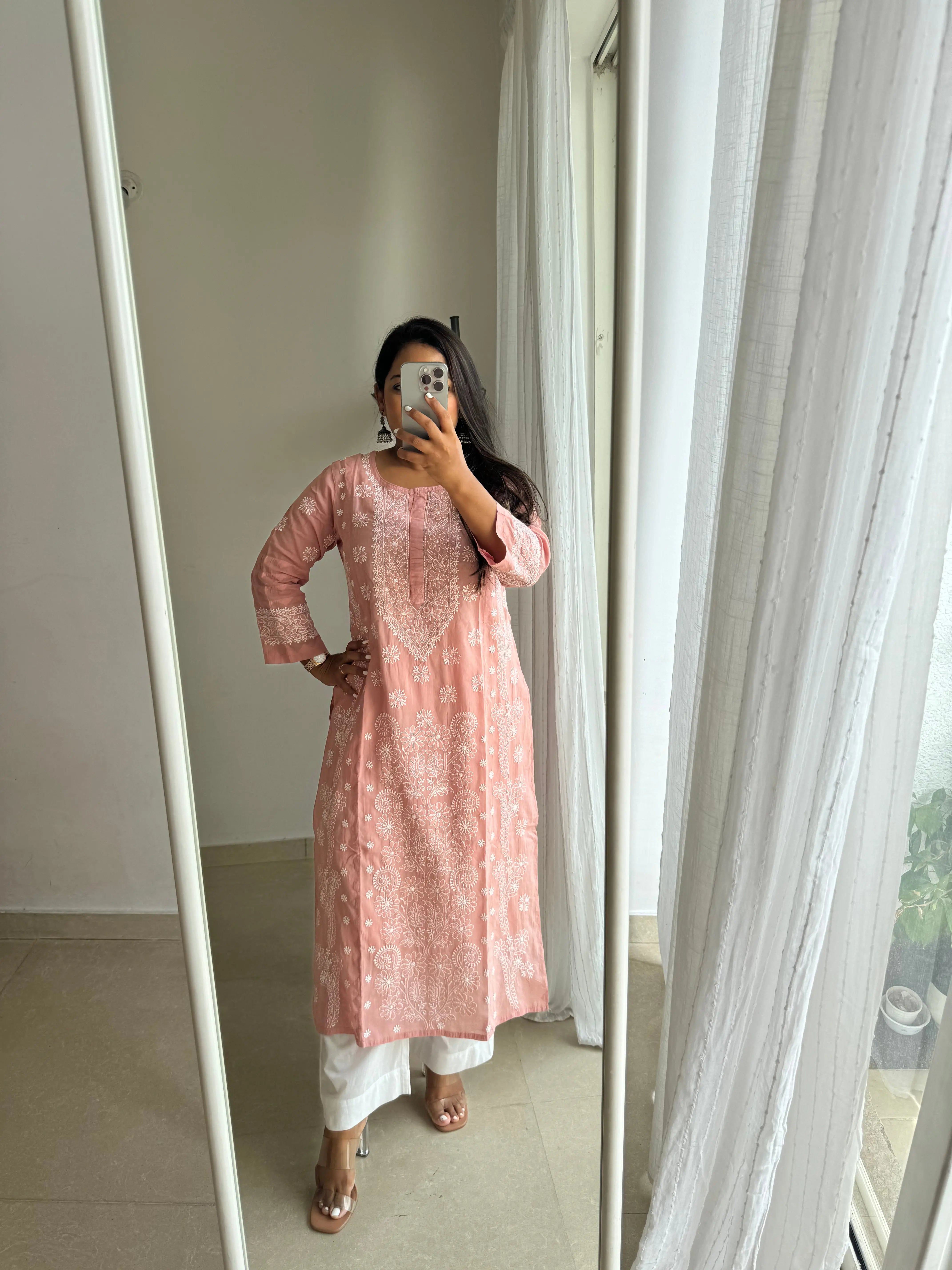 Mul Cotton Chikankari Kurti - Rosewood Pink ARIAA CHIKANKARI 