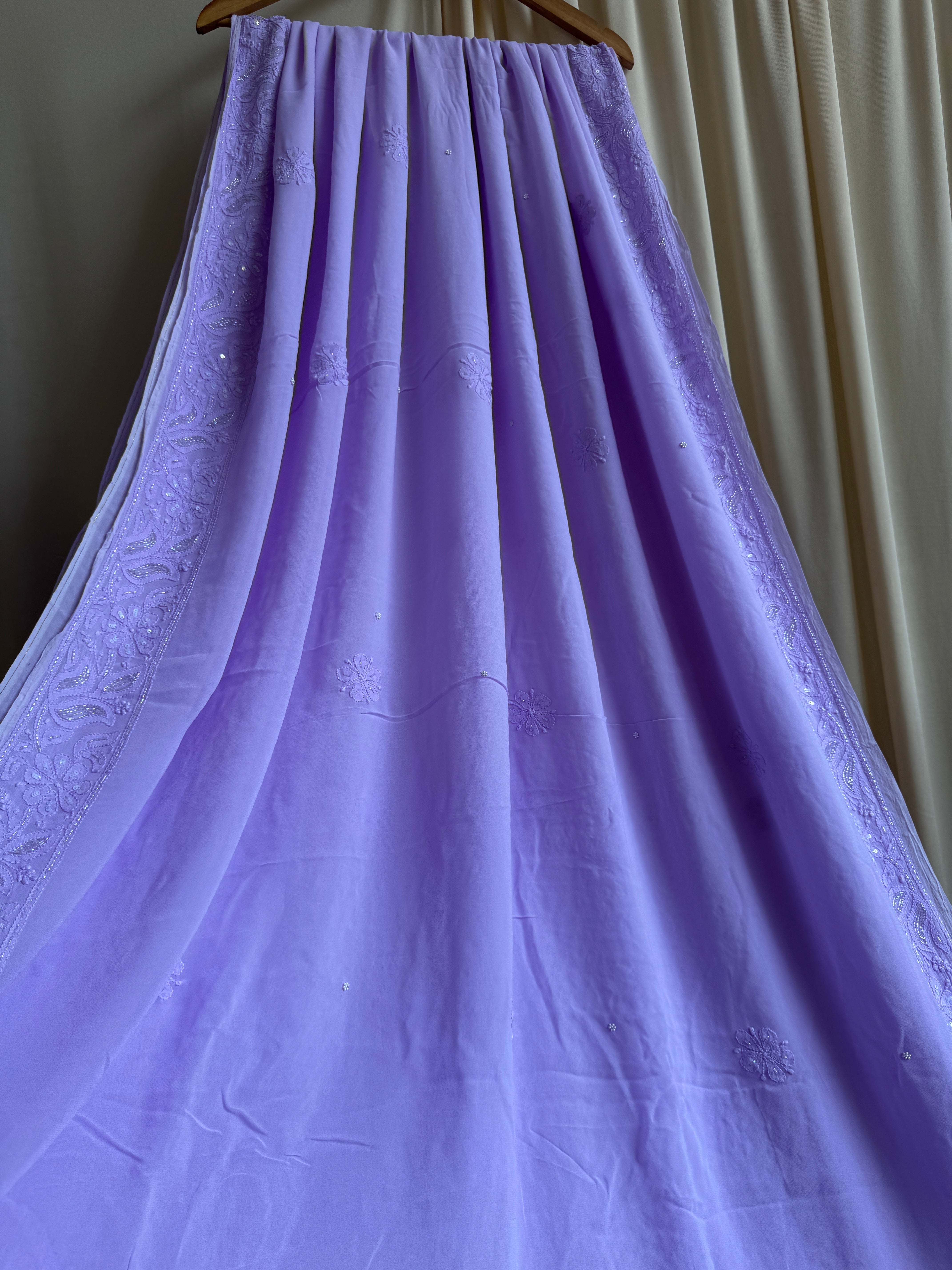 Viscose Lavender Chikankari saree with Pearl embellishments