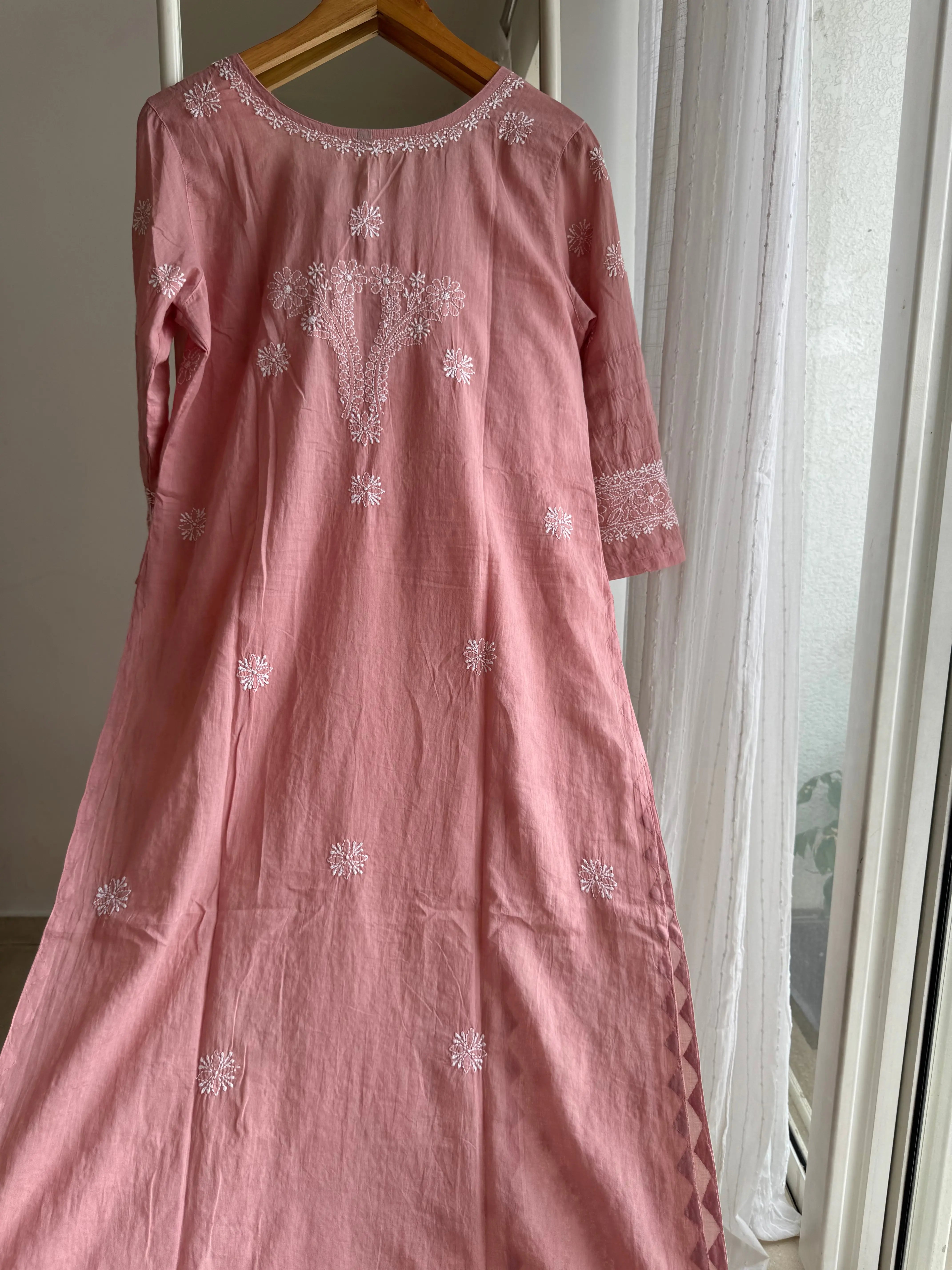 Mul Cotton Chikankari Kurti - Rosewood Pink ARIAA CHIKANKARI 