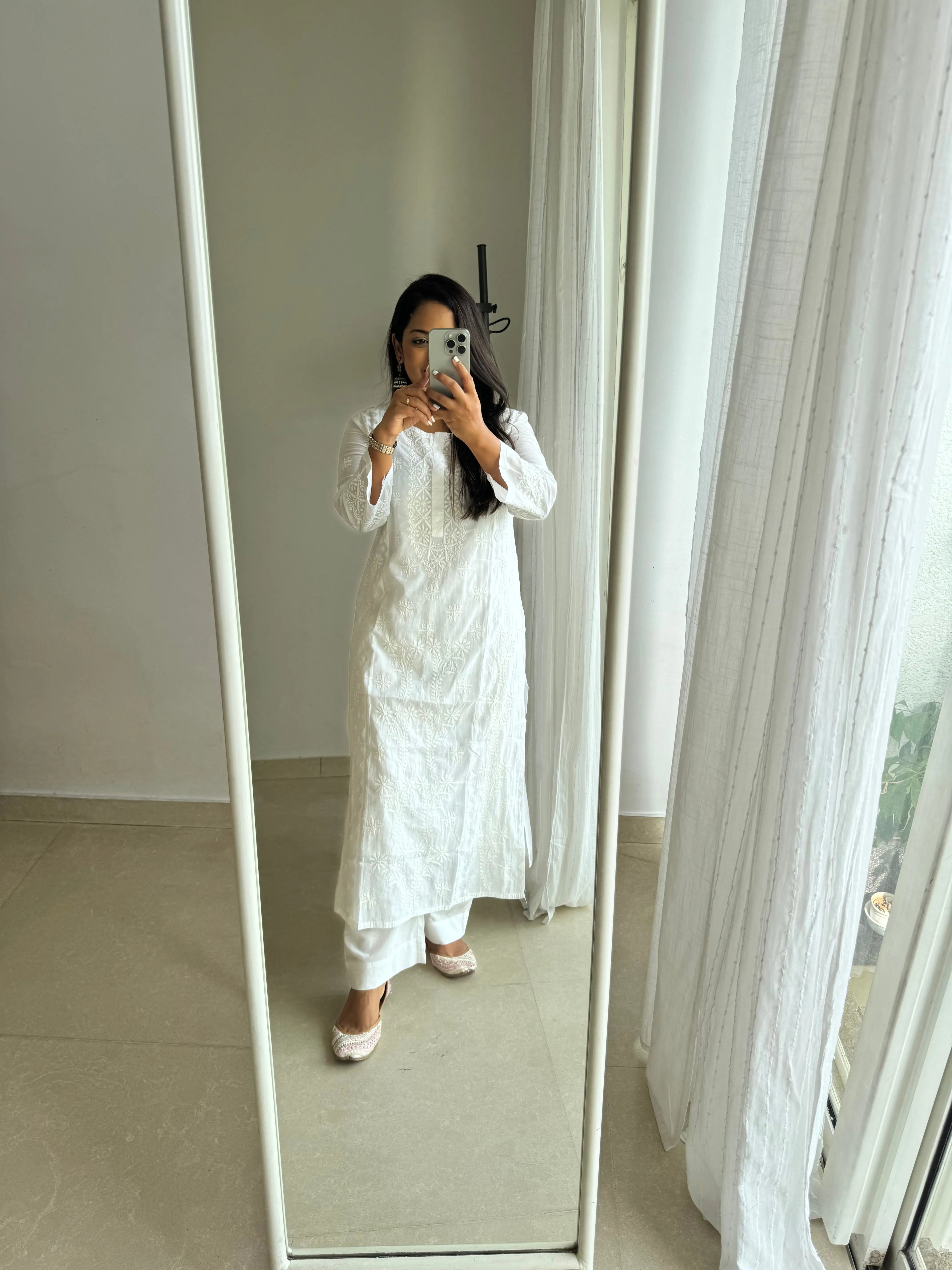 Mul Cotton Chikankari Kurti - White ARIAA CHIKANKARI 