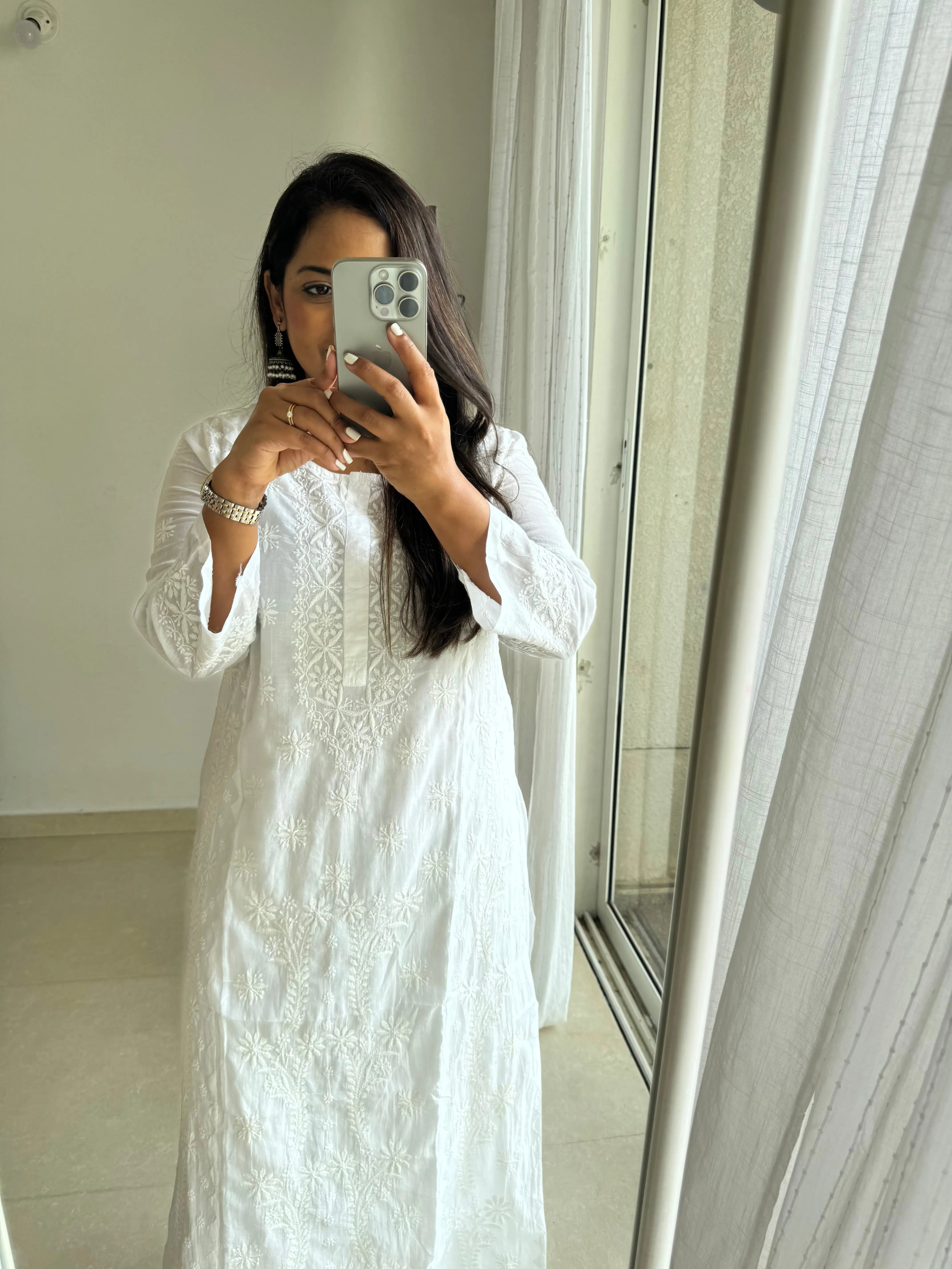 Mul Cotton Chikankari Kurti - White ARIAA CHIKANKARI 