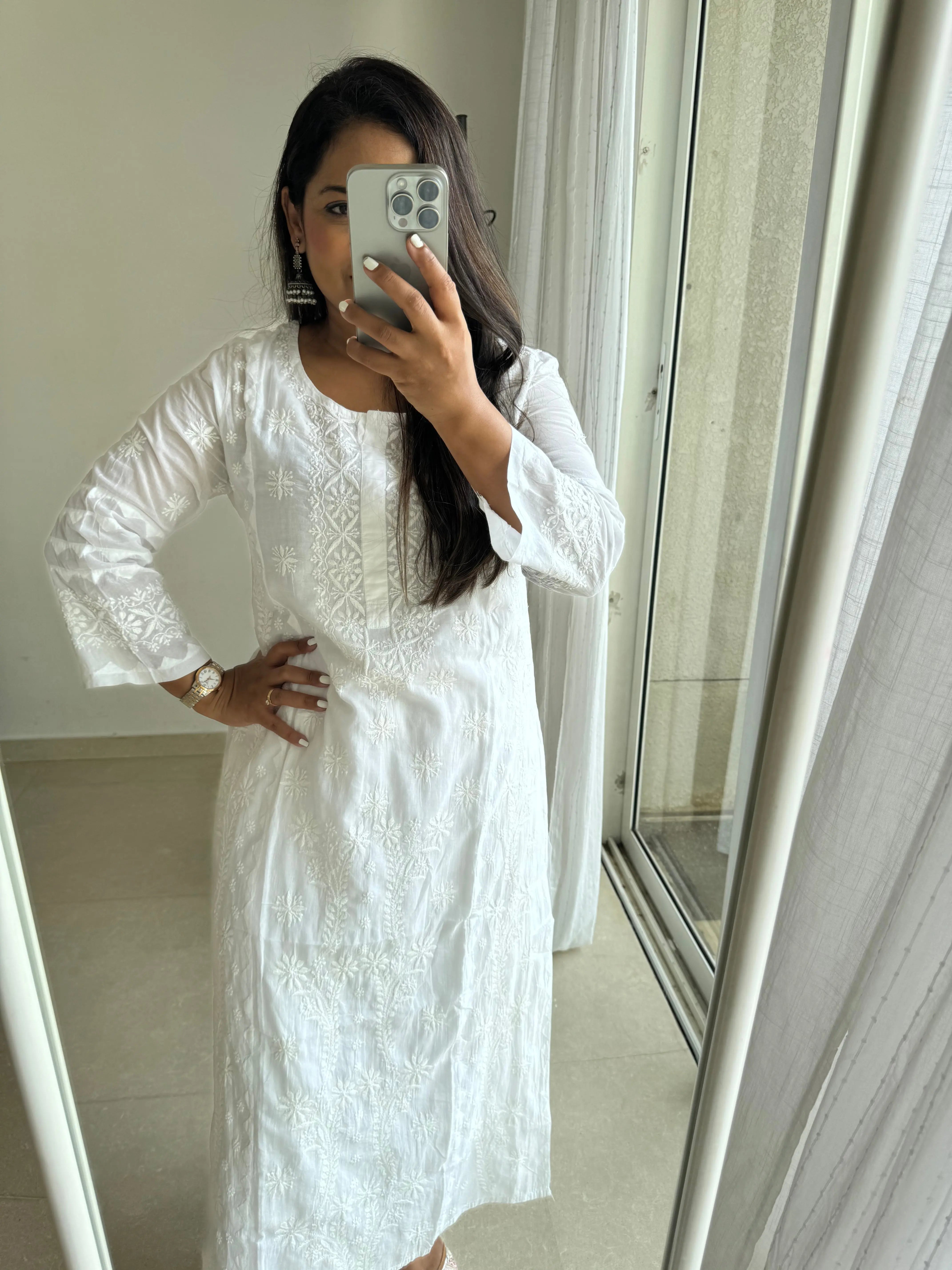 Mul Cotton Chikankari Kurti - White ARIAA CHIKANKARI 