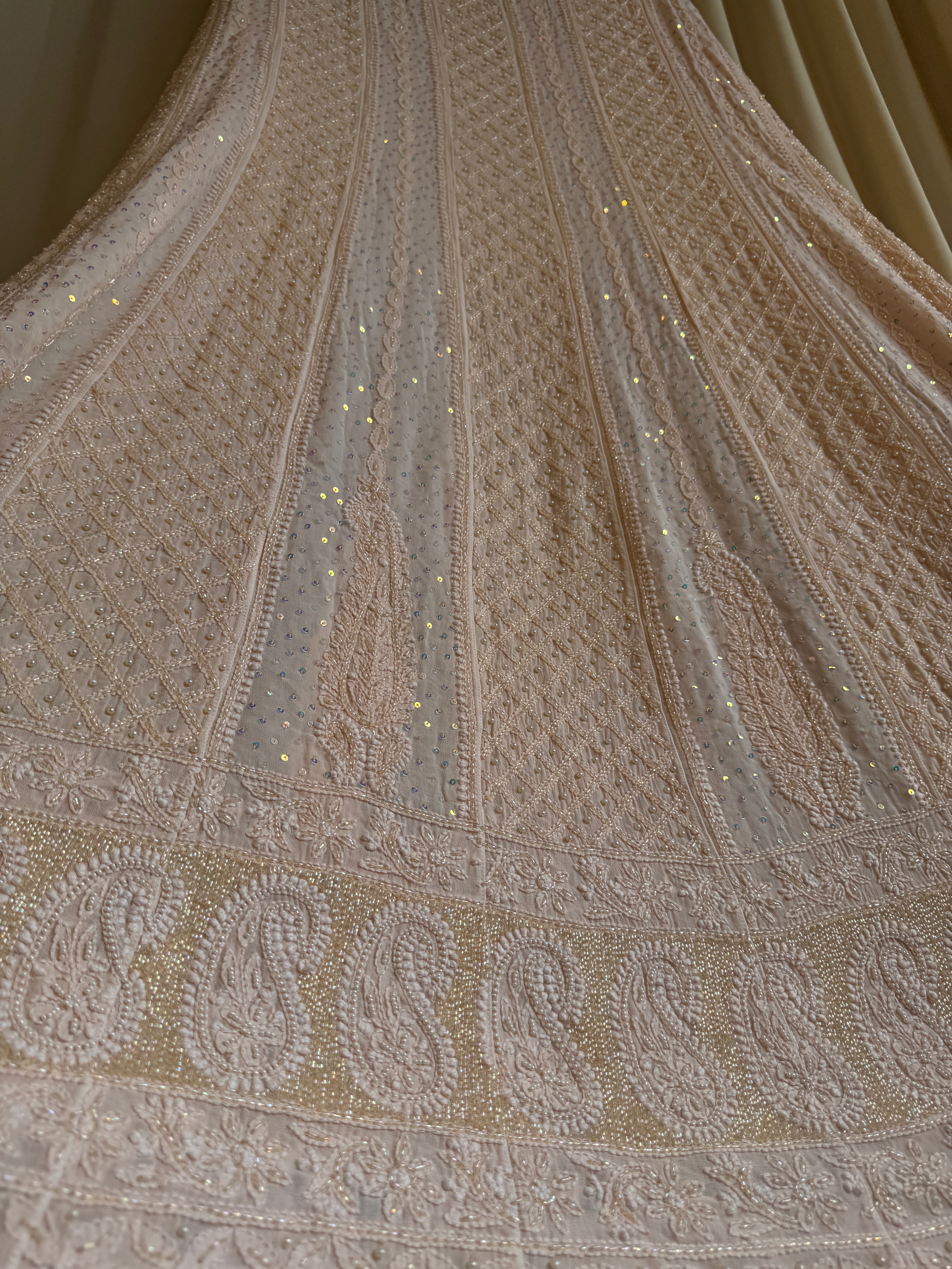 Viscose Anarkali - Semi Stitched - Pearl Work - Peach