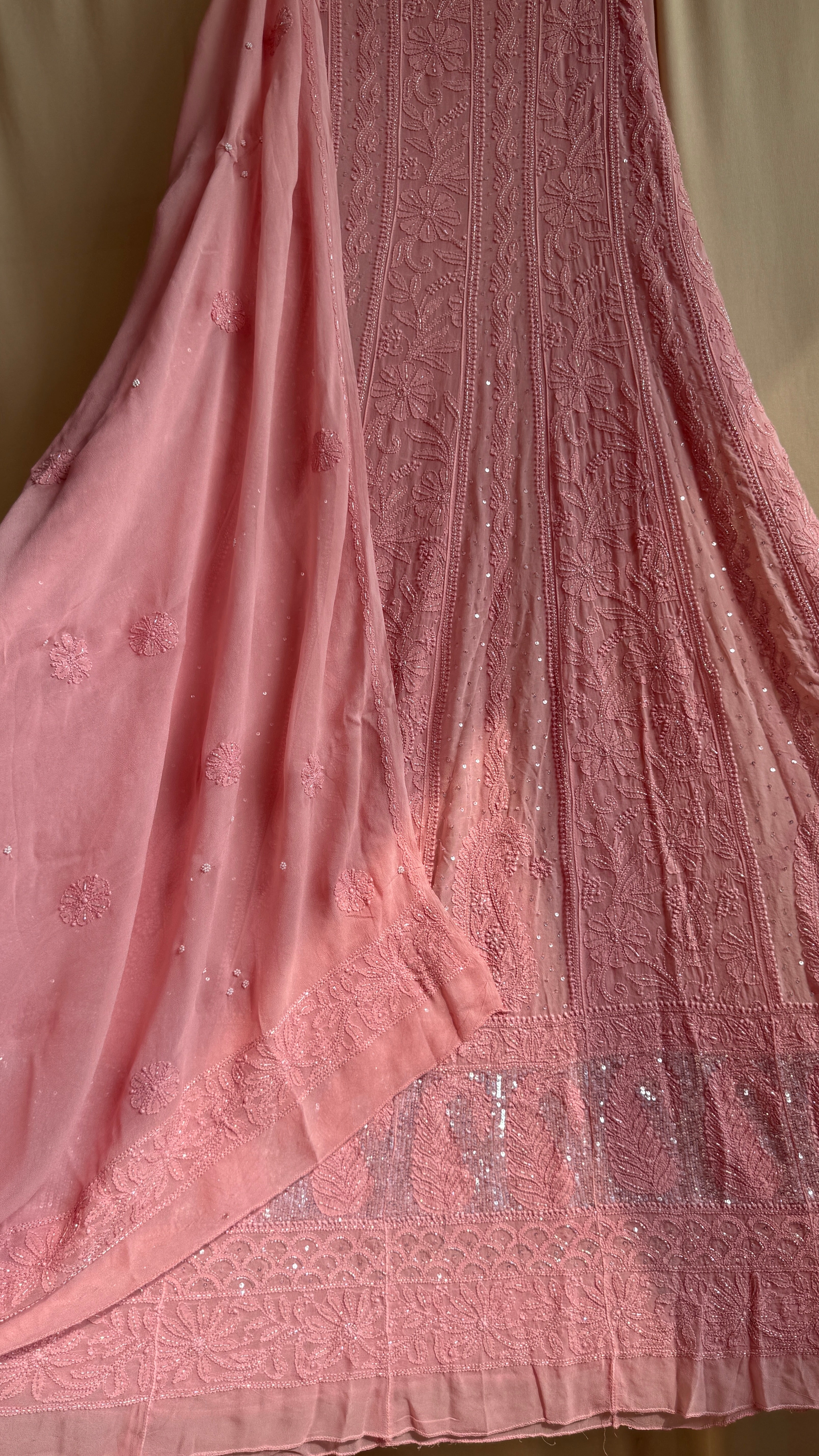 Viscose Anarkali - Semi Stitched - Pearl Work - Rosewood