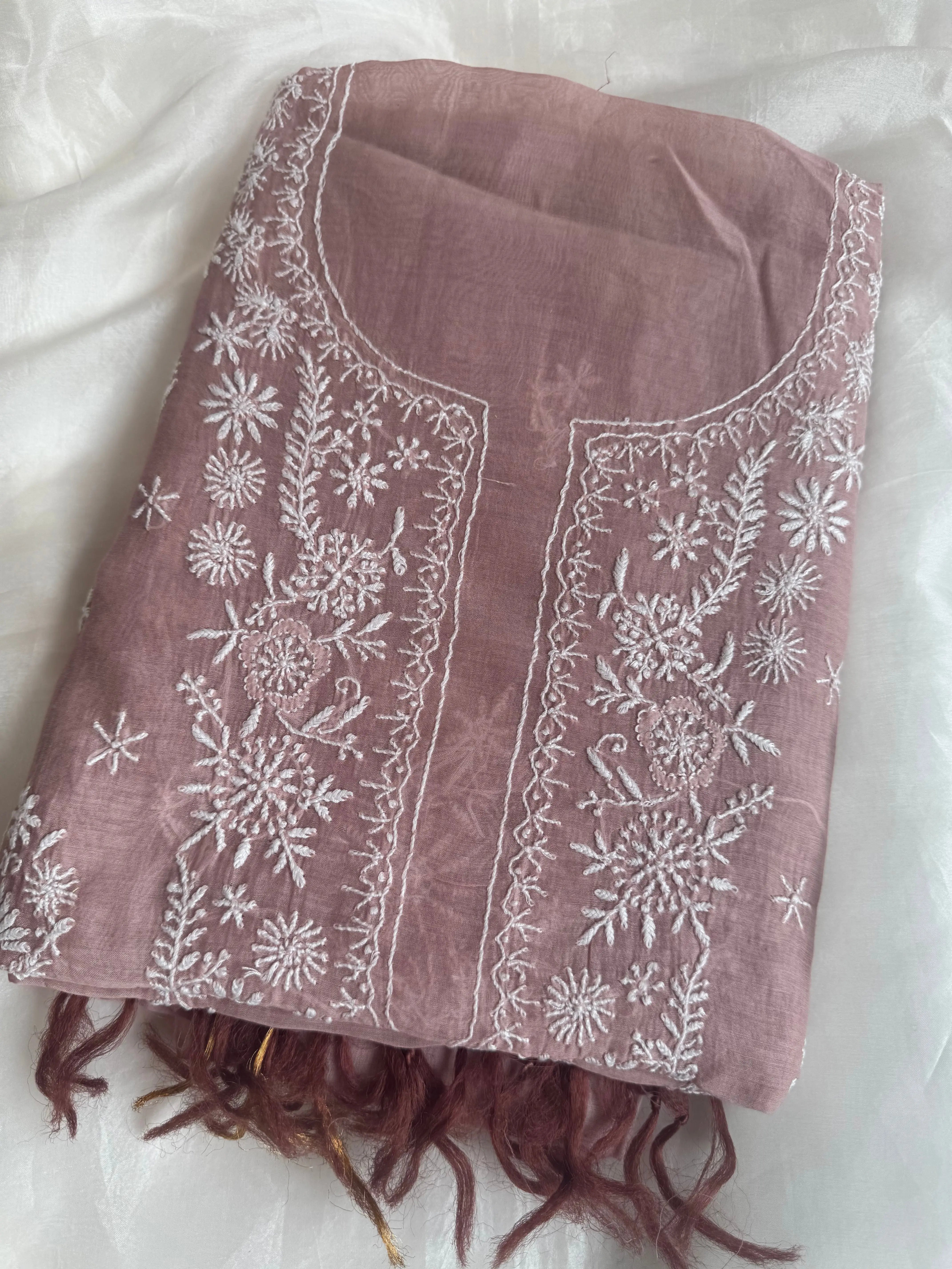 Mul Chanderi Chikankari Unstitched Length with Dupatta - Rosewood Ombre ARIAA CHIKANKARI 
