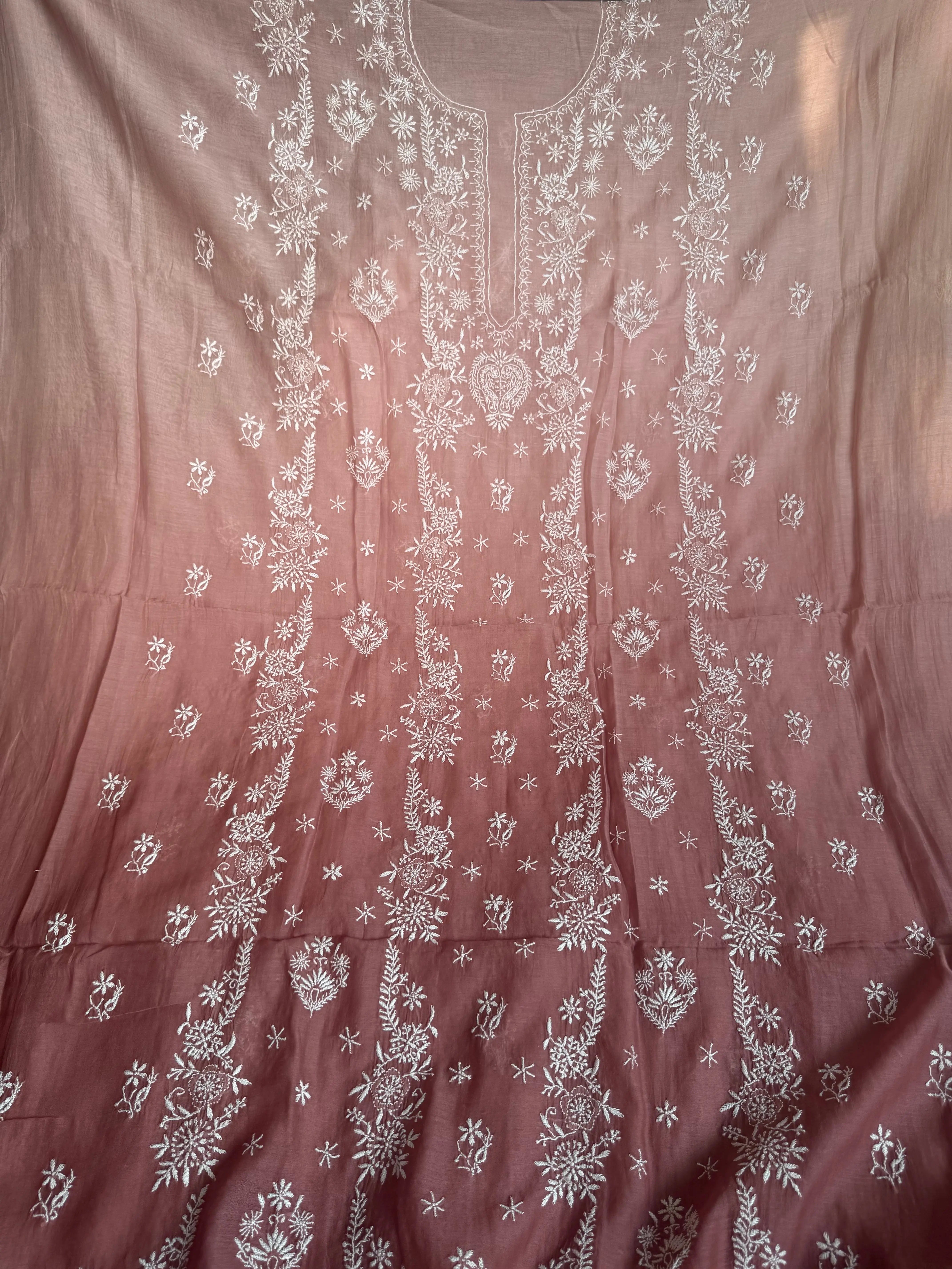 Mul Chanderi Chikankari Unstitched Length with Dupatta - Rosewood Ombre ARIAA CHIKANKARI 