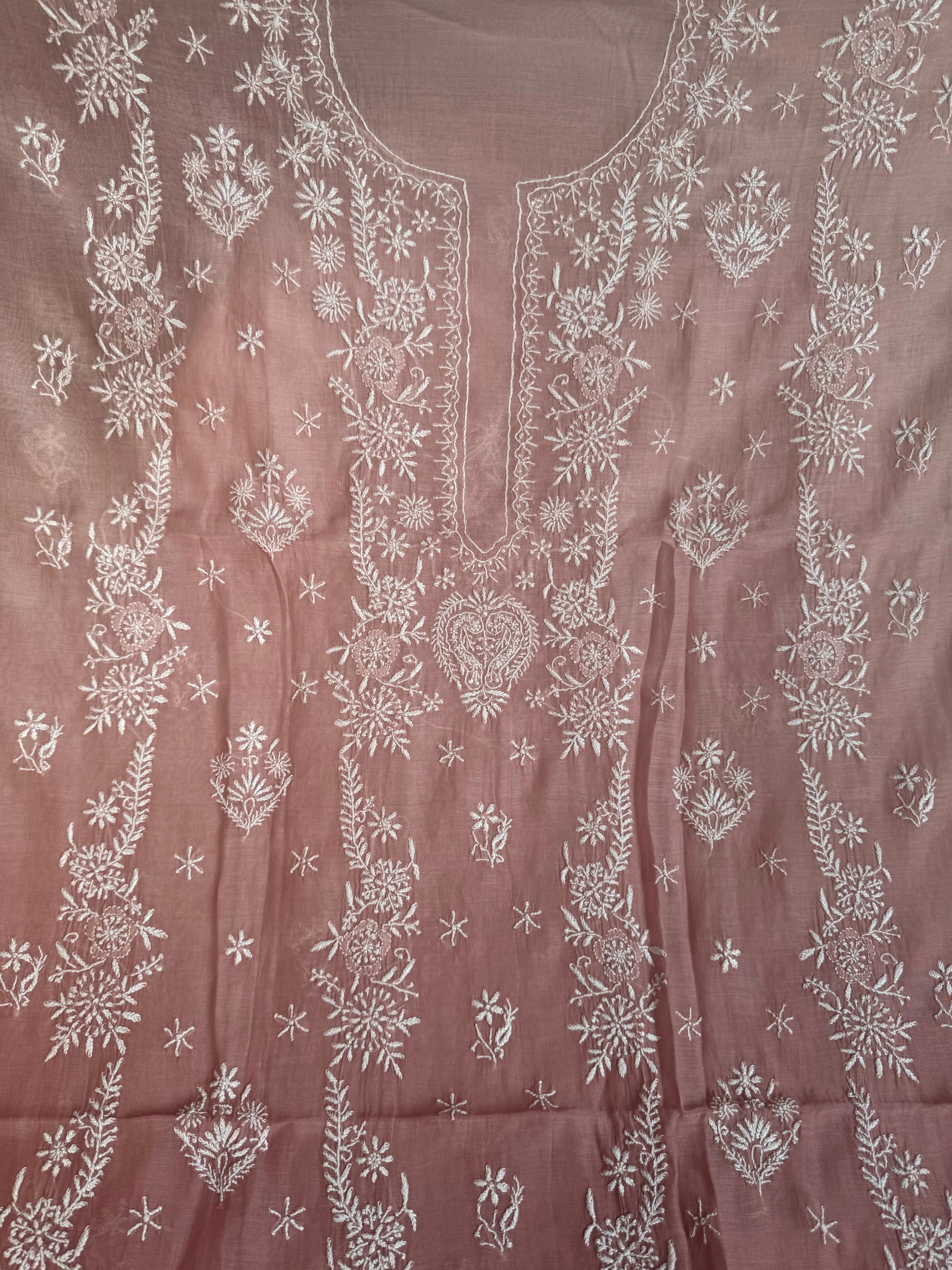 Mul Chanderi Chikankari Unstitched Length with Dupatta - Rosewood Ombre ARIAA CHIKANKARI 