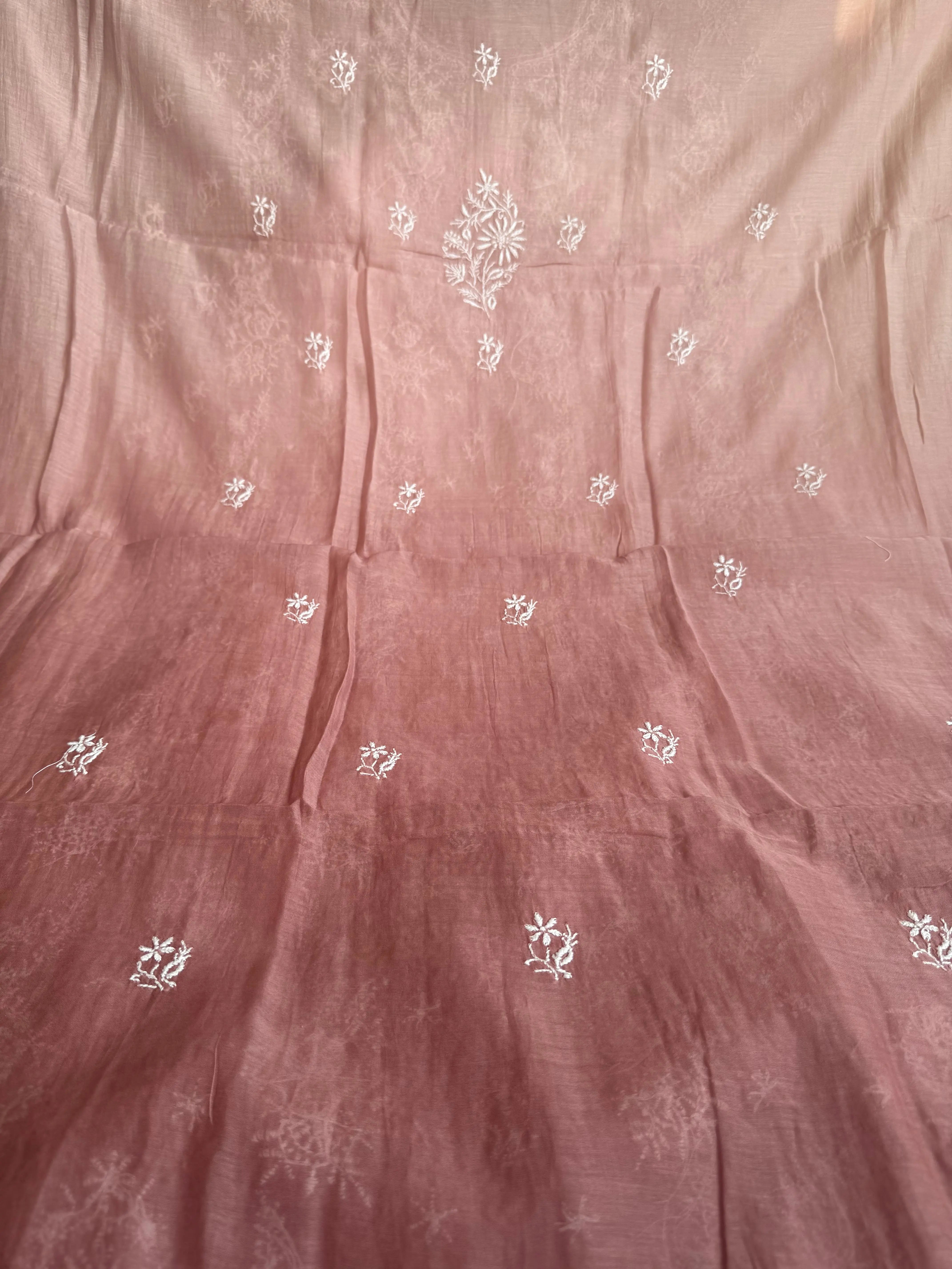 Mul Chanderi Chikankari Unstitched Length with Dupatta - Rosewood Ombre ARIAA CHIKANKARI 