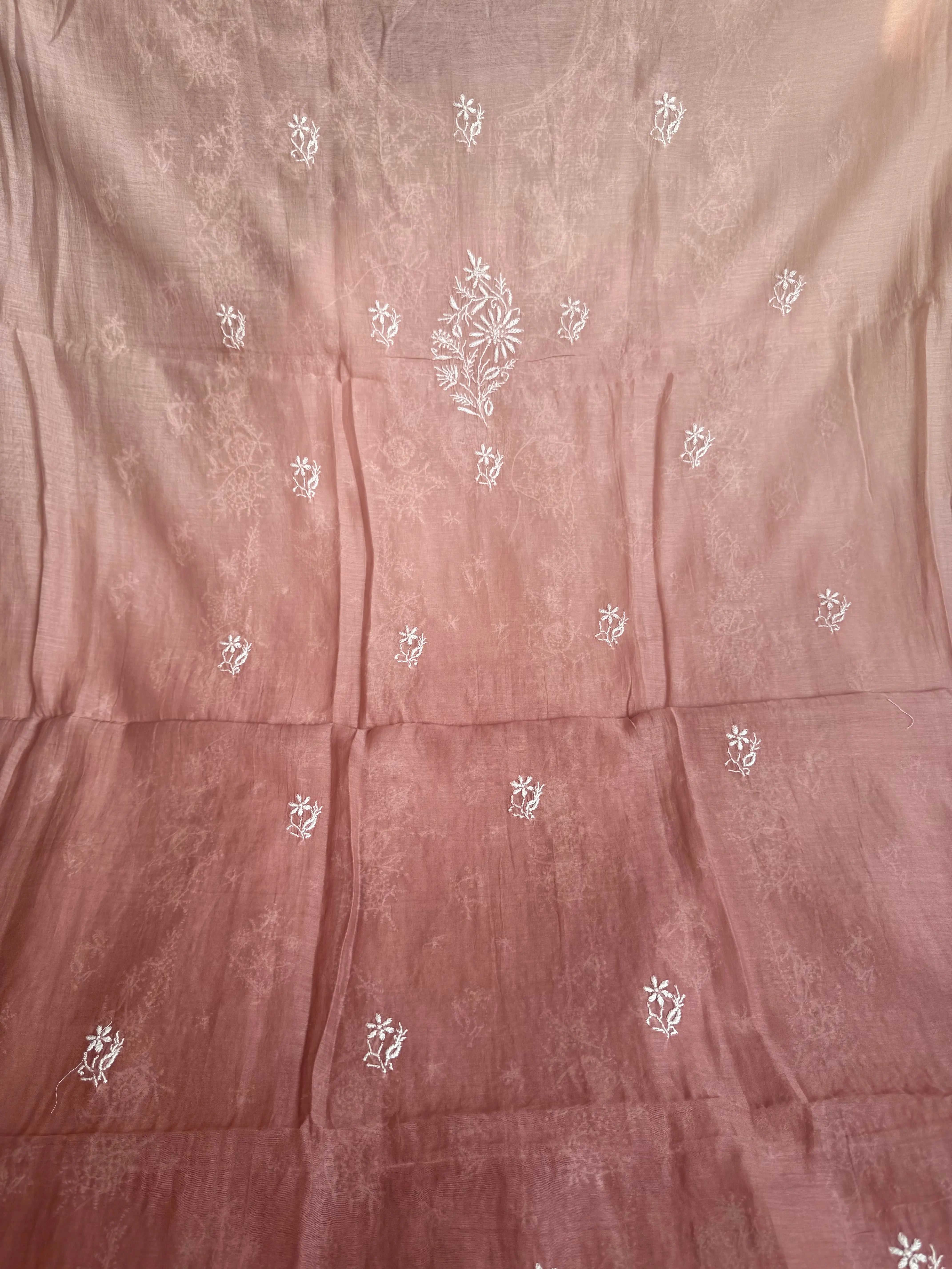 Mul Chanderi Chikankari Unstitched Length with Dupatta - Rosewood Ombre ARIAA CHIKANKARI 