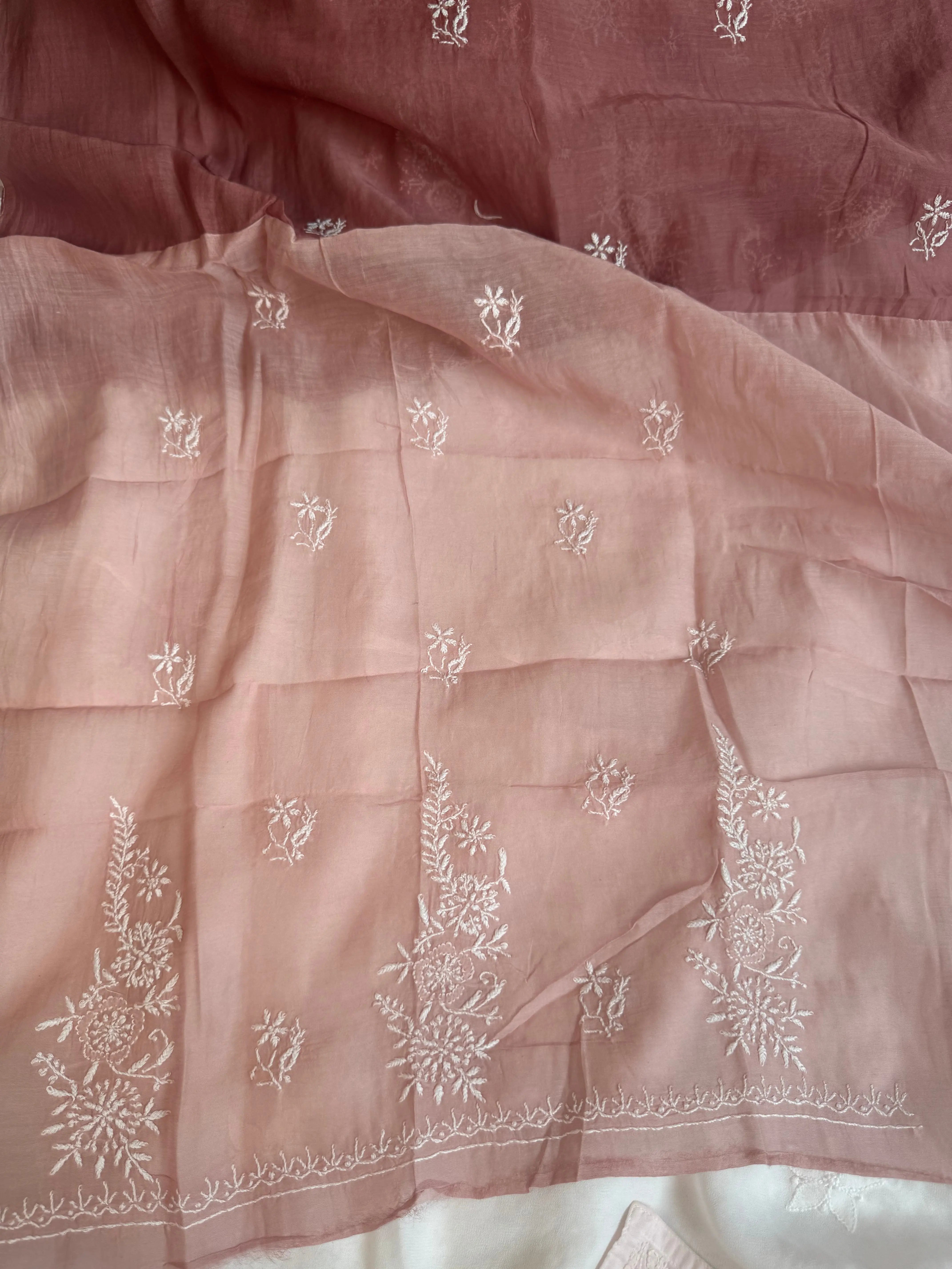 Mul Chanderi Chikankari Unstitched Length with Dupatta - Rosewood Ombre ARIAA CHIKANKARI 