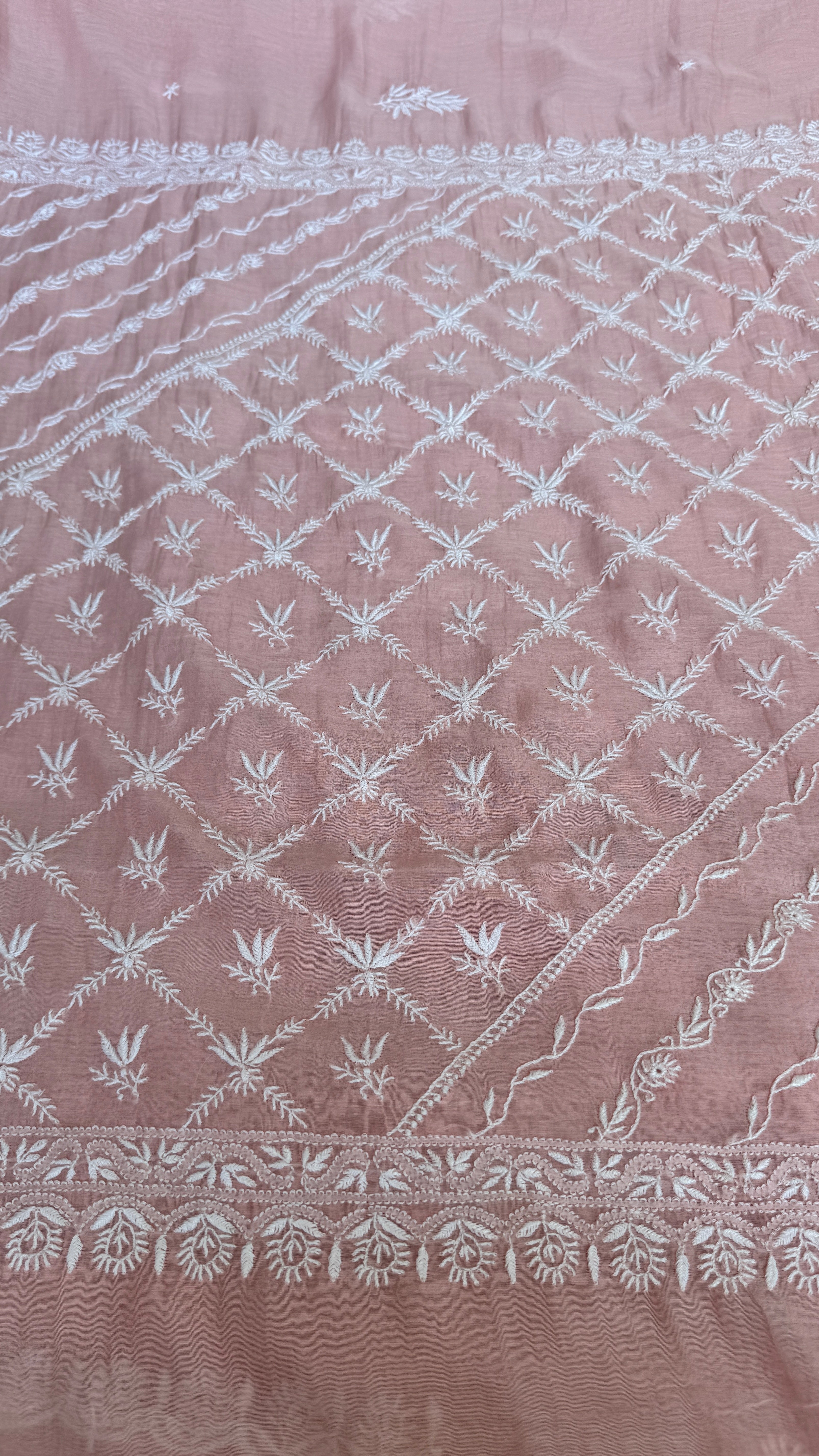 Pure Mul Chanderi Chikankari saree in Pale Pink