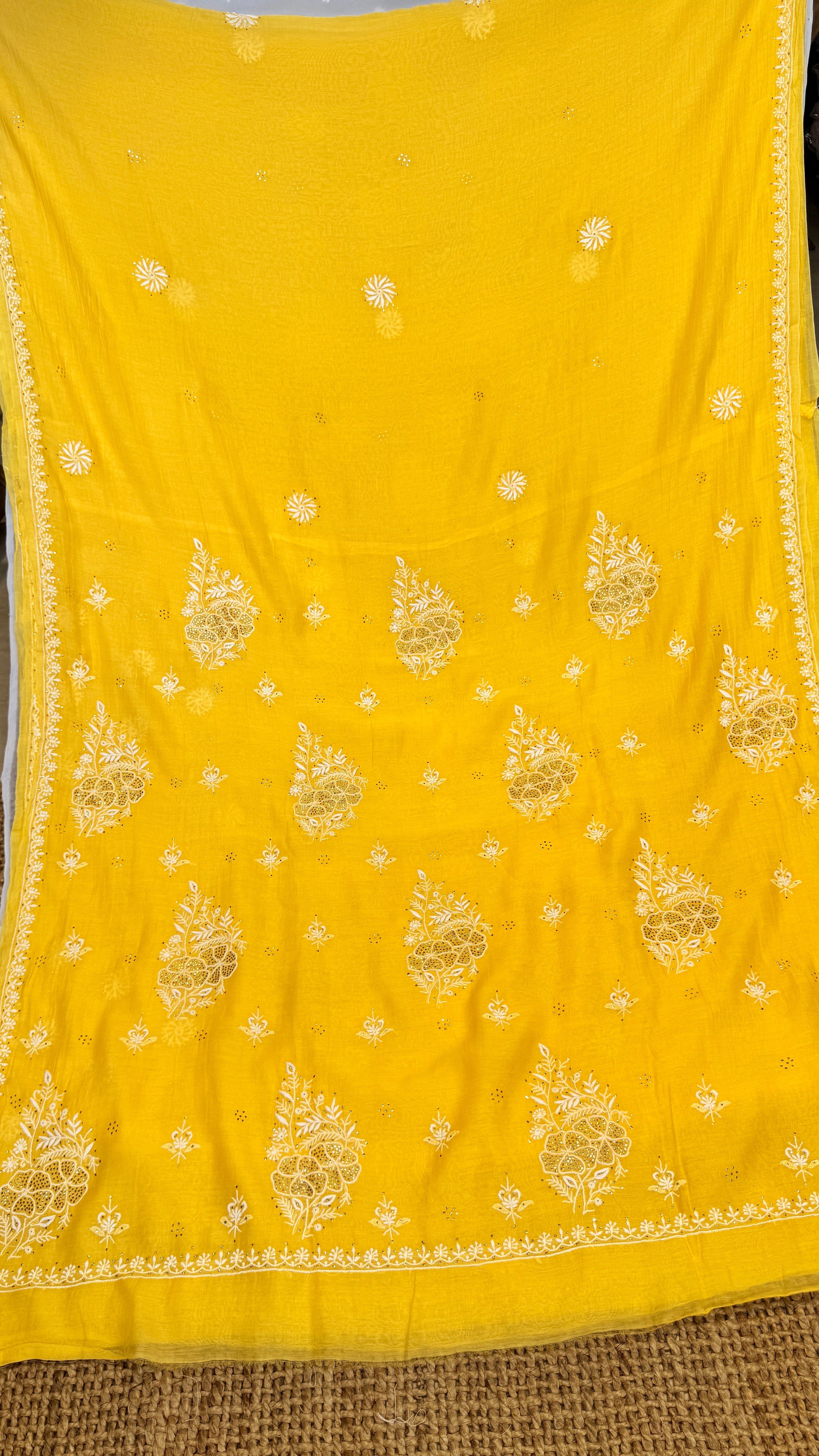 Pure Mul Chanderi Chikankari saree in Yellow with Mukaish work