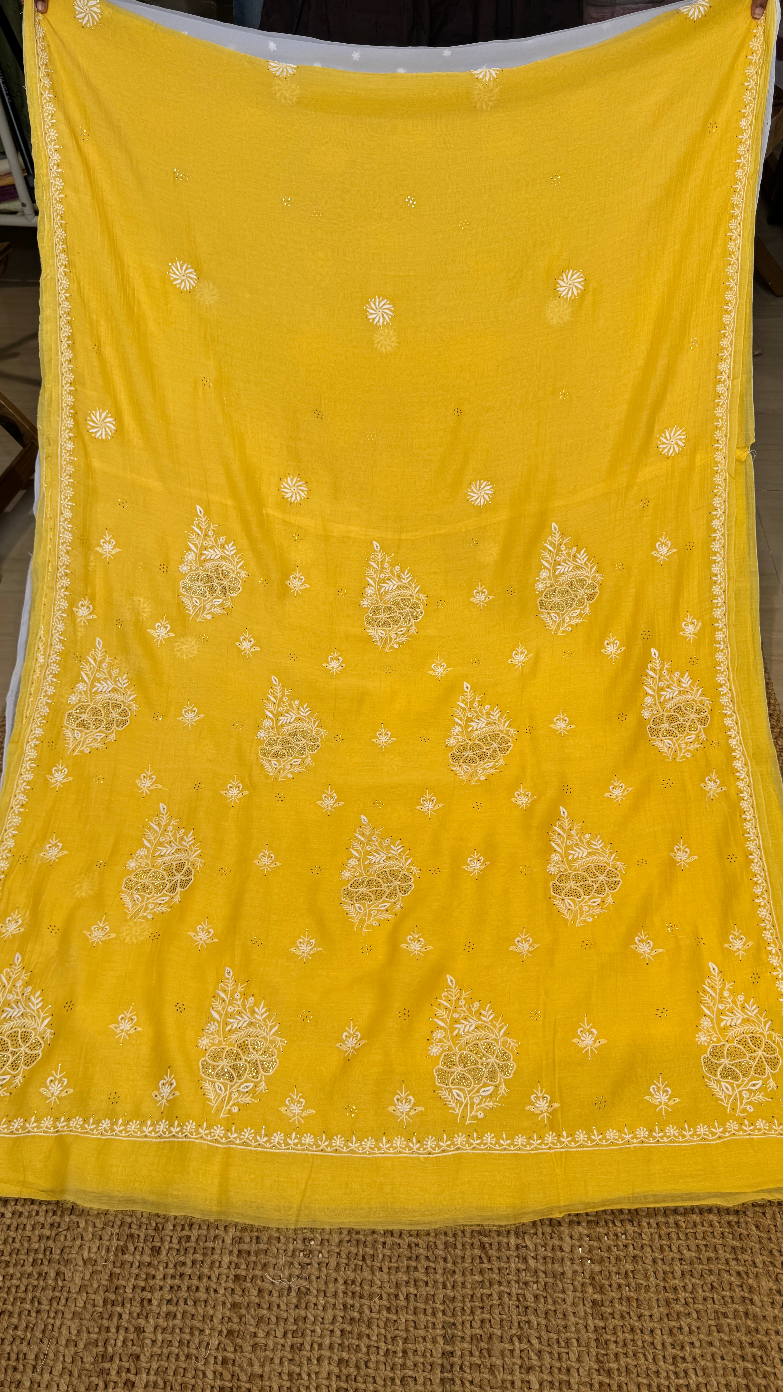 Pure Mul Chanderi Chikankari saree in Yellow with Mukaish work