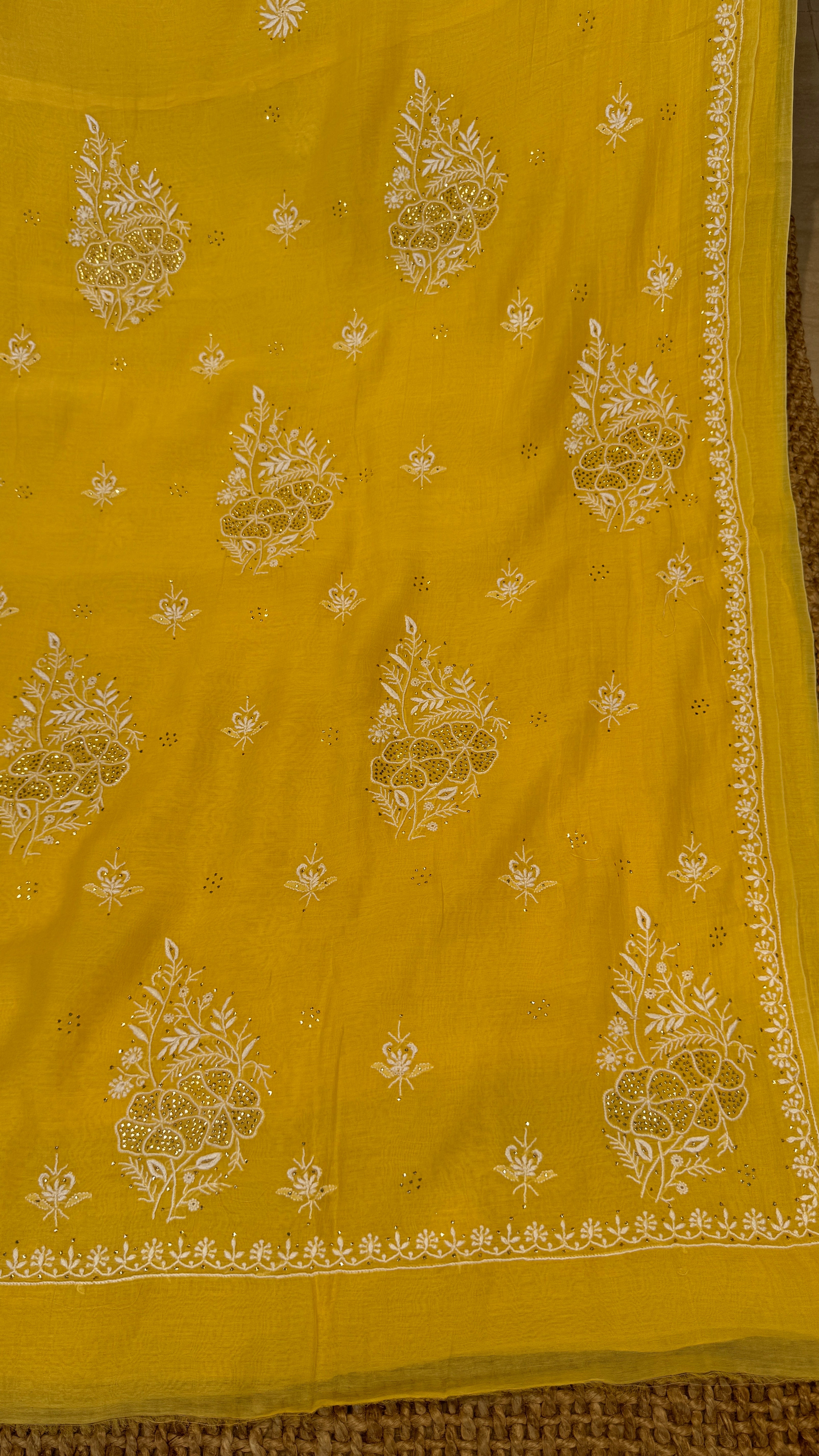 Pure Mul Chanderi Chikankari saree in Yellow with Mukaish work