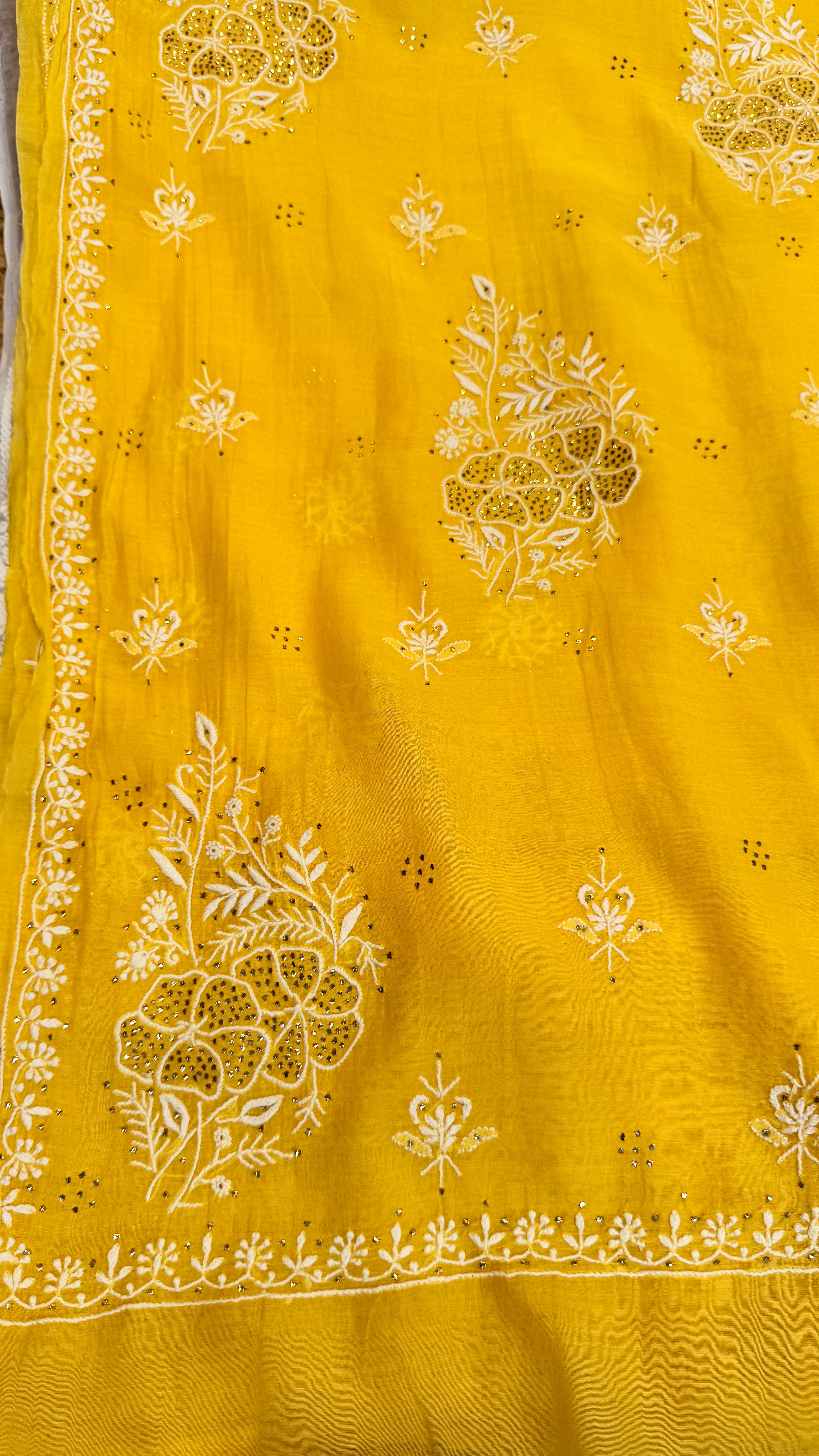Pure Mul Chanderi Chikankari saree in Yellow with Mukaish work