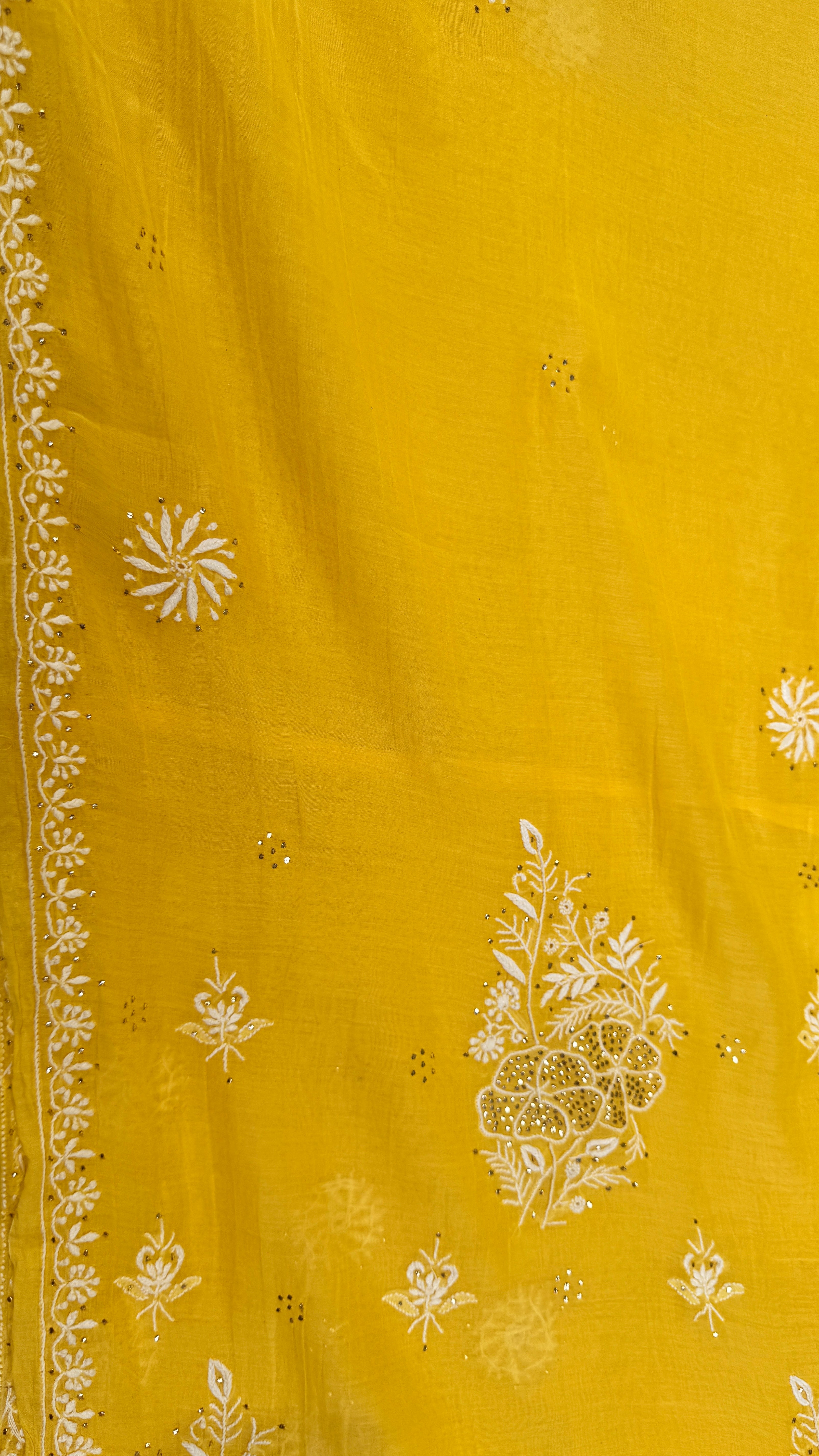 Pure Mul Chanderi Chikankari saree in Yellow with Mukaish work