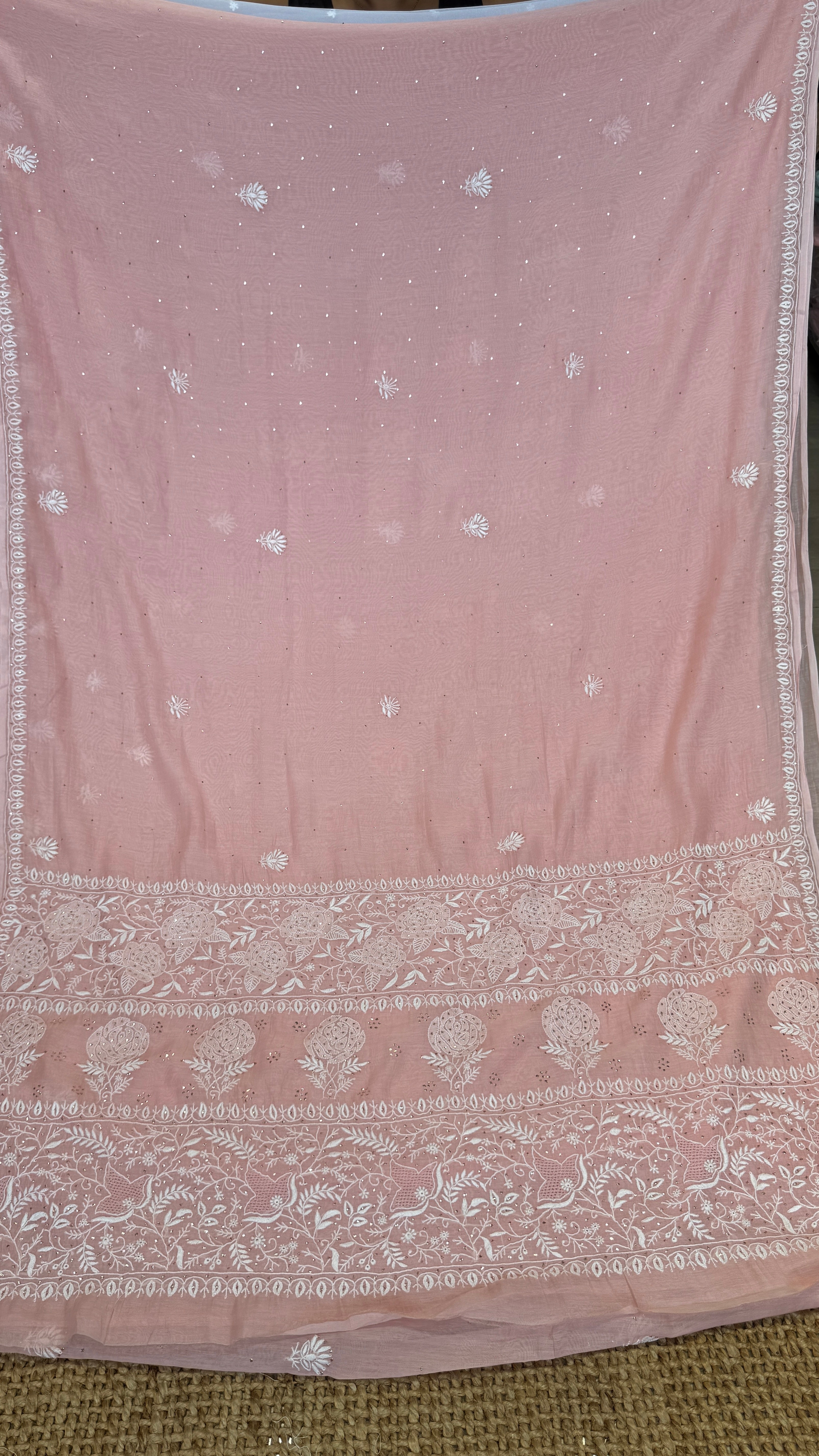Pure Mul Chanderi Chikankari saree in Pale Pink with Mukaish work