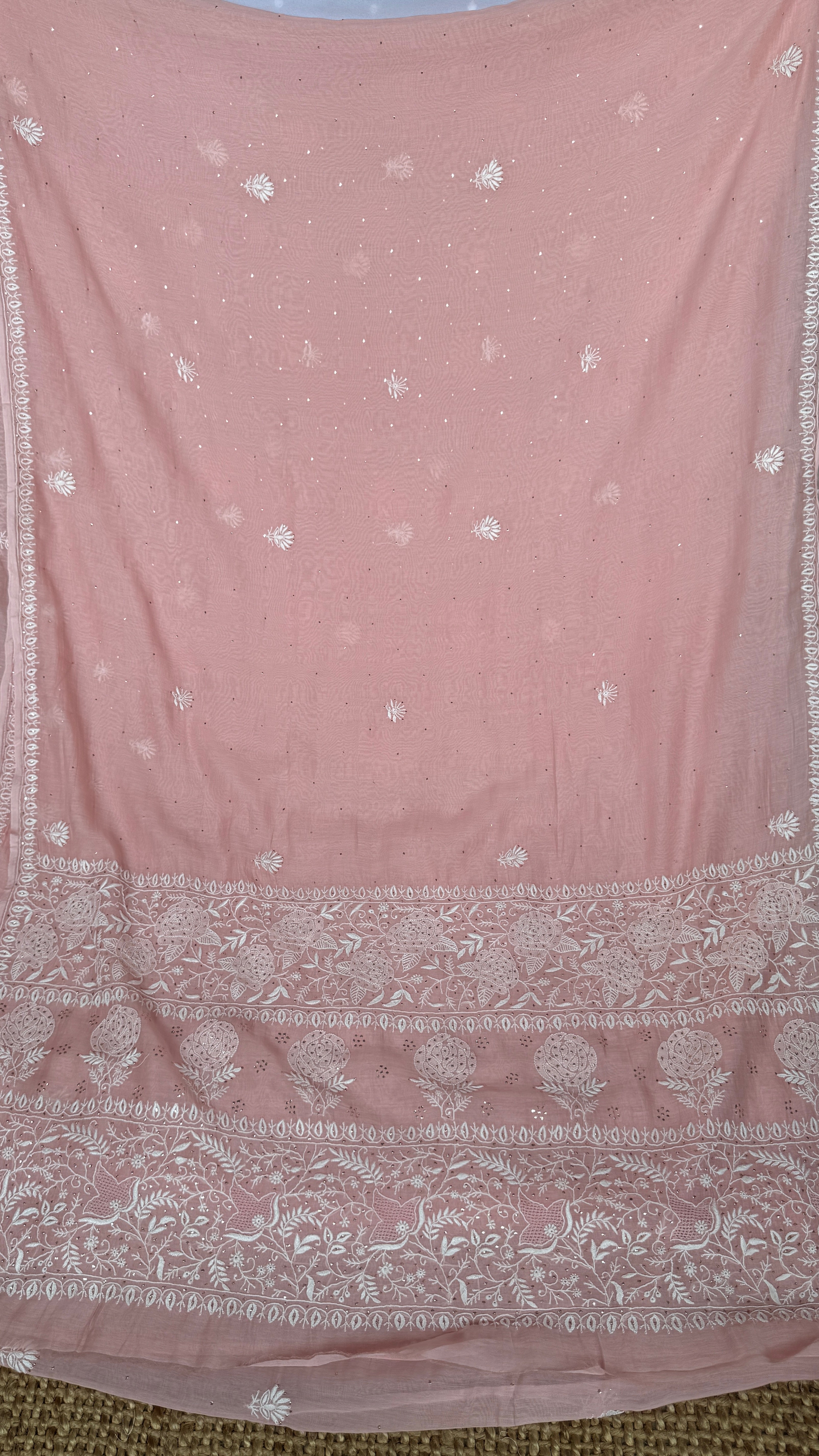 Pure Mul Chanderi Chikankari saree in Pale Pink with Mukaish work