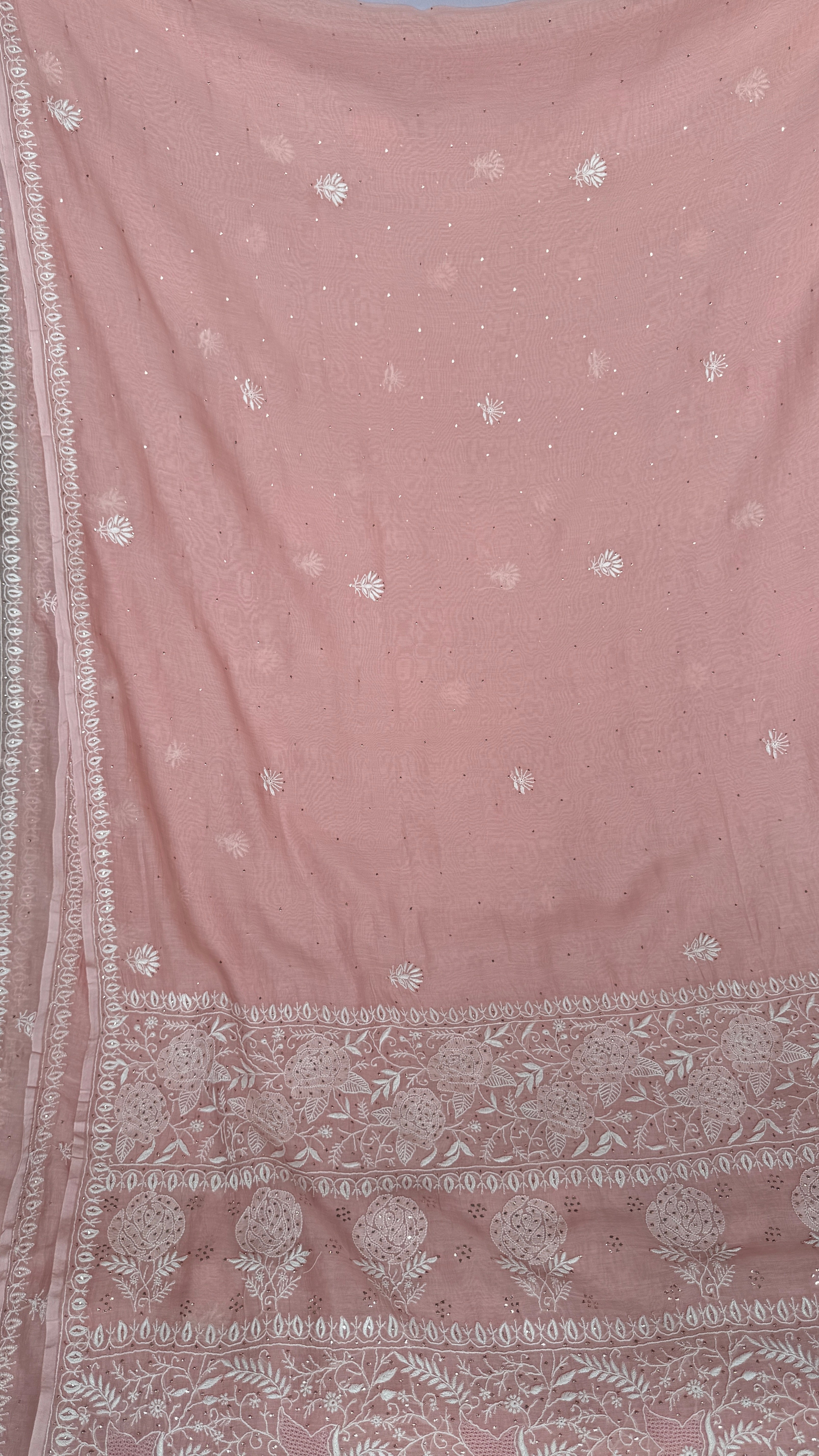 Pure Mul Chanderi Chikankari saree in Pale Pink with Mukaish work