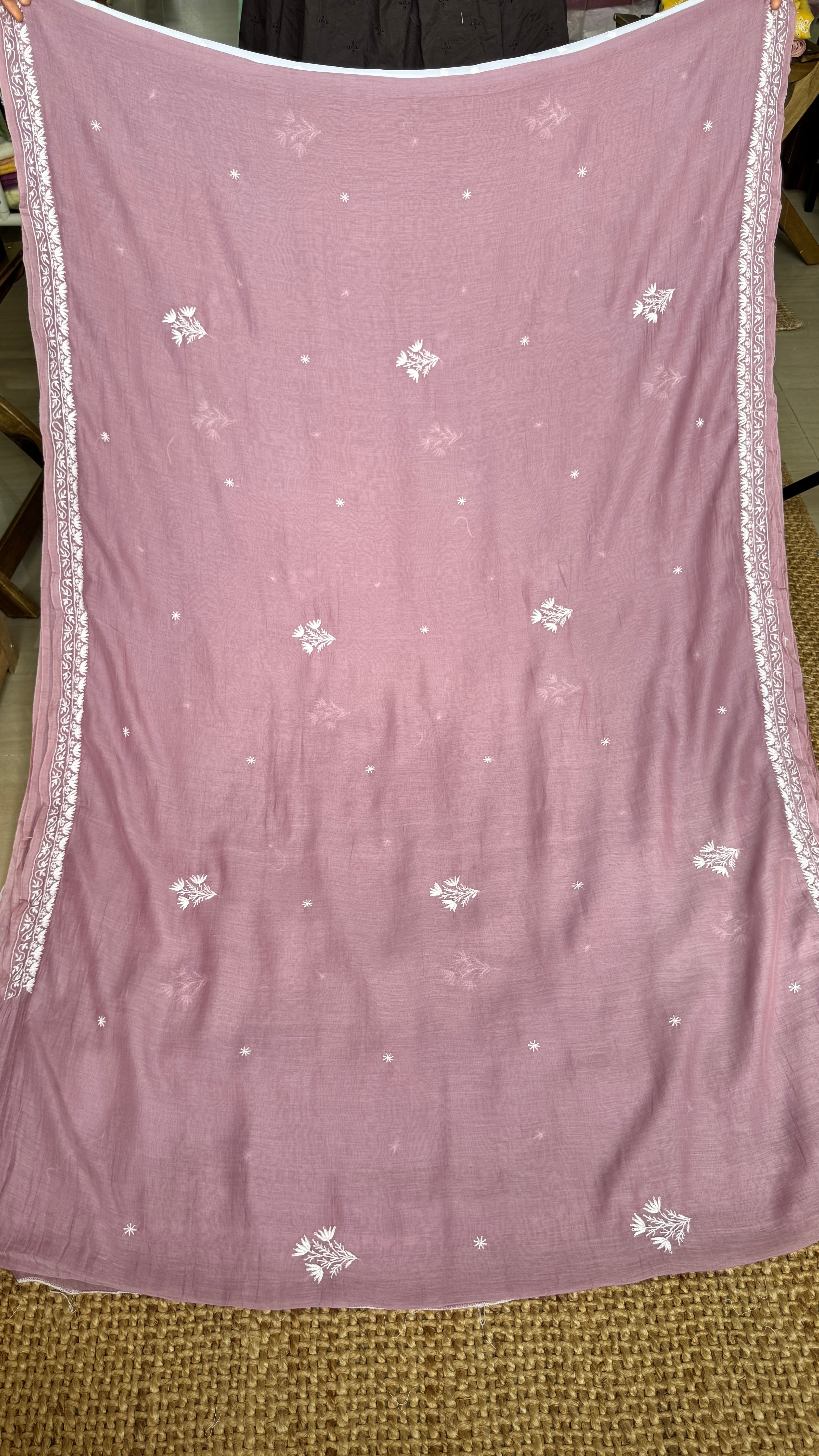 Pure Mul Chanderi Chikankari saree in Dusty Mauve