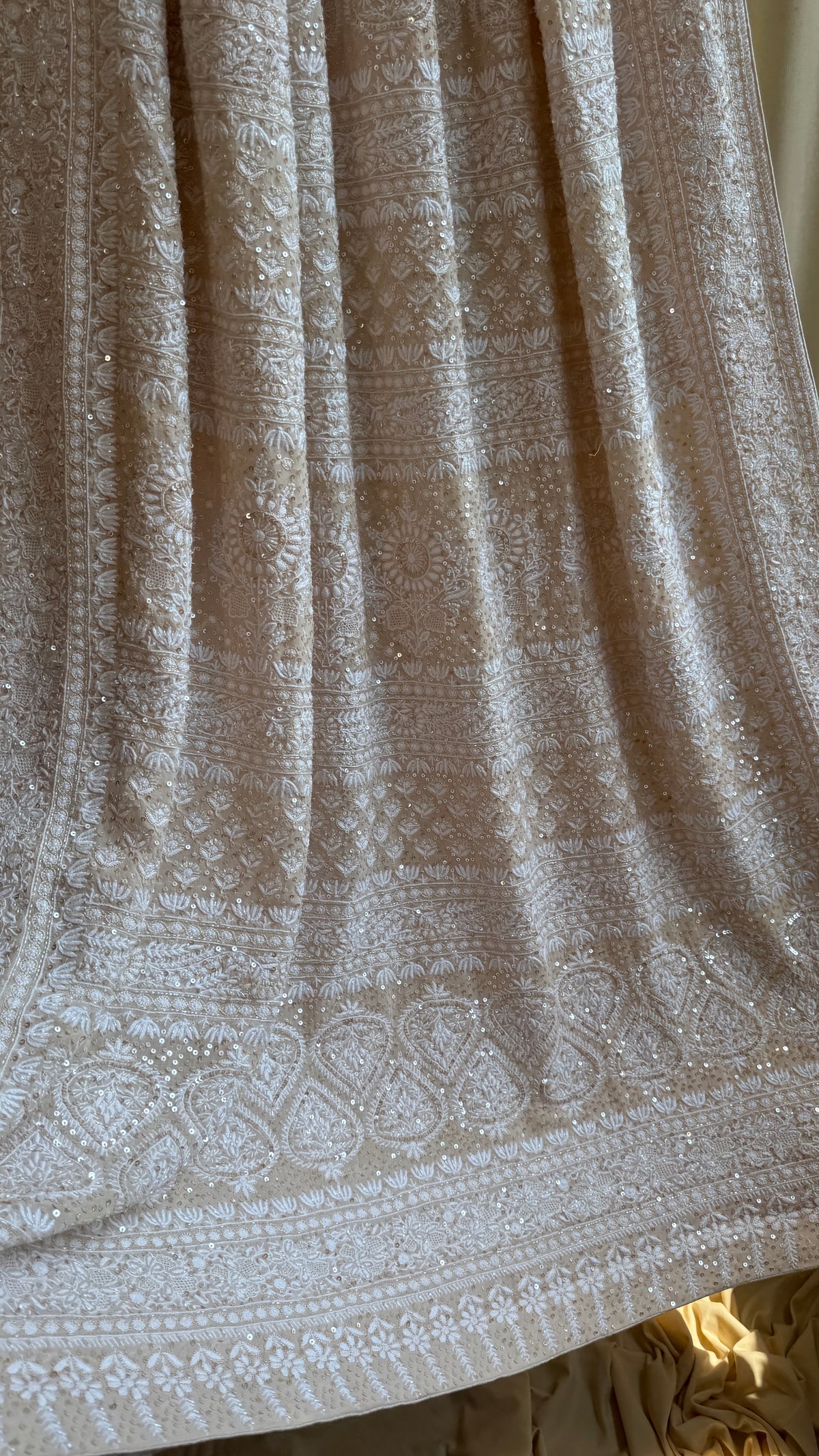 Pure Georgette Lucknow Chikankari Saree -Champagne Beige- Rooh Collection