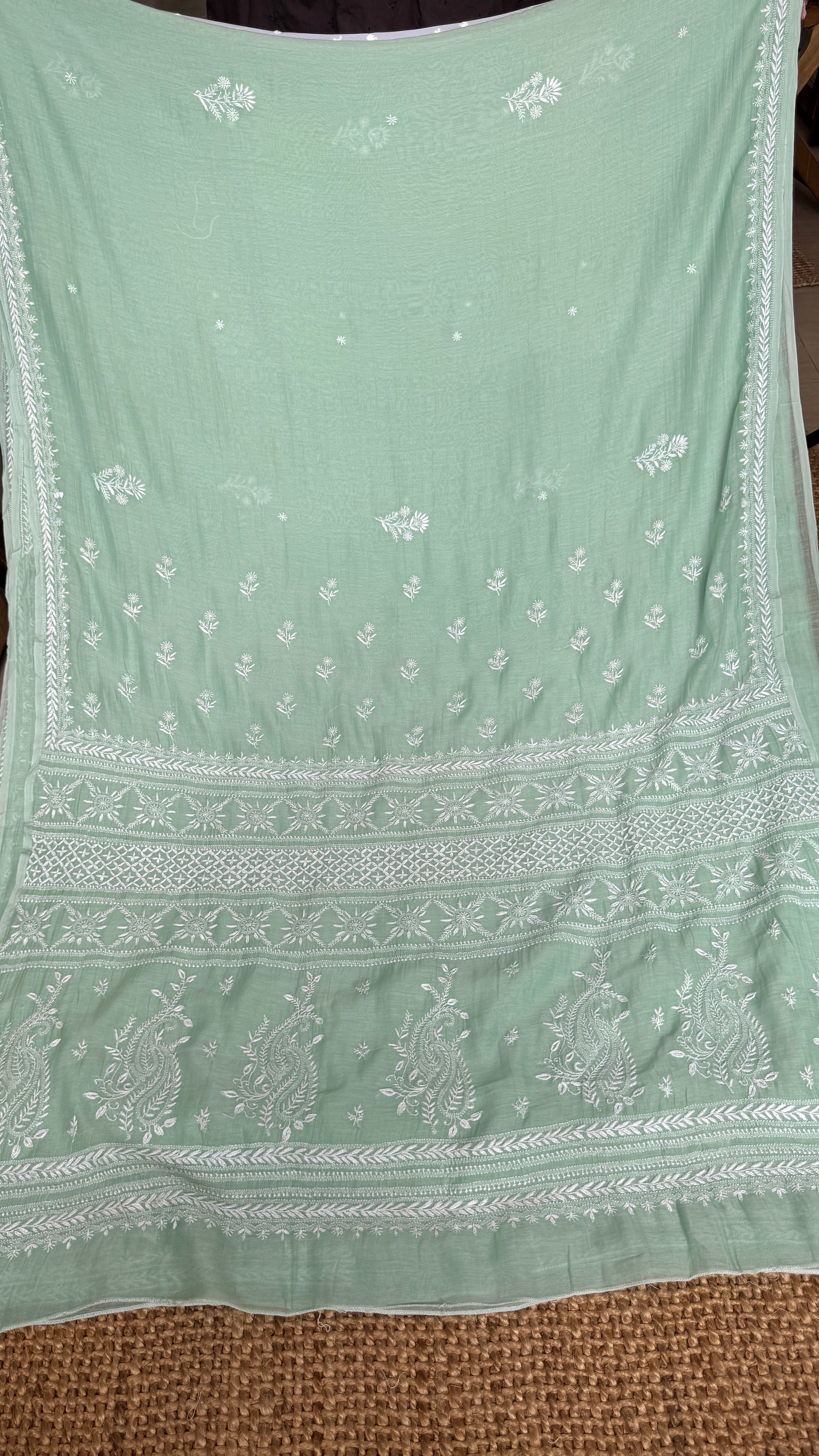 Pure Mul Chanderi Chikankari saree in Green