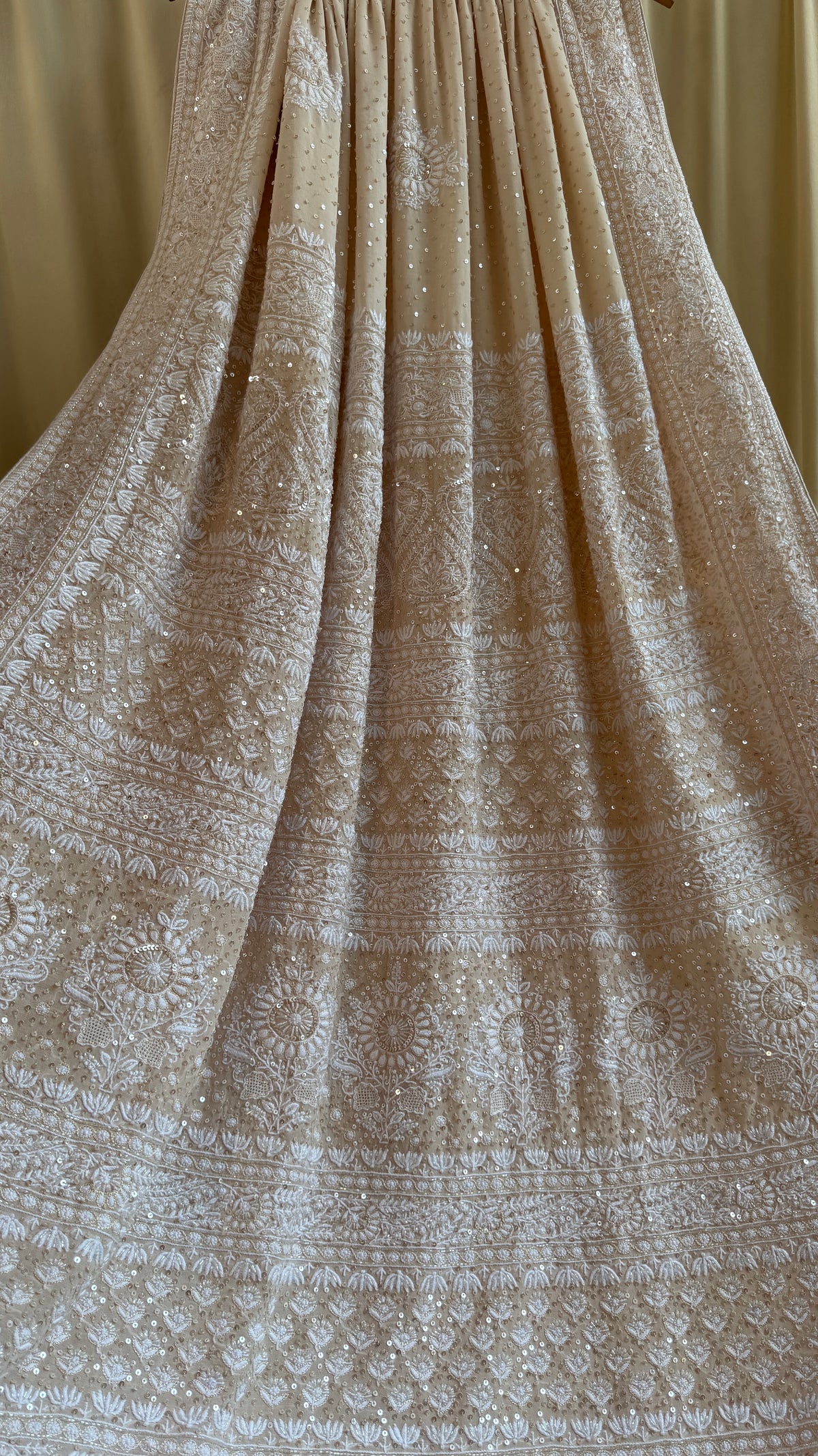 Pure Georgette Lucknow Chikankari Saree -Champagne Beige- Rooh Collection