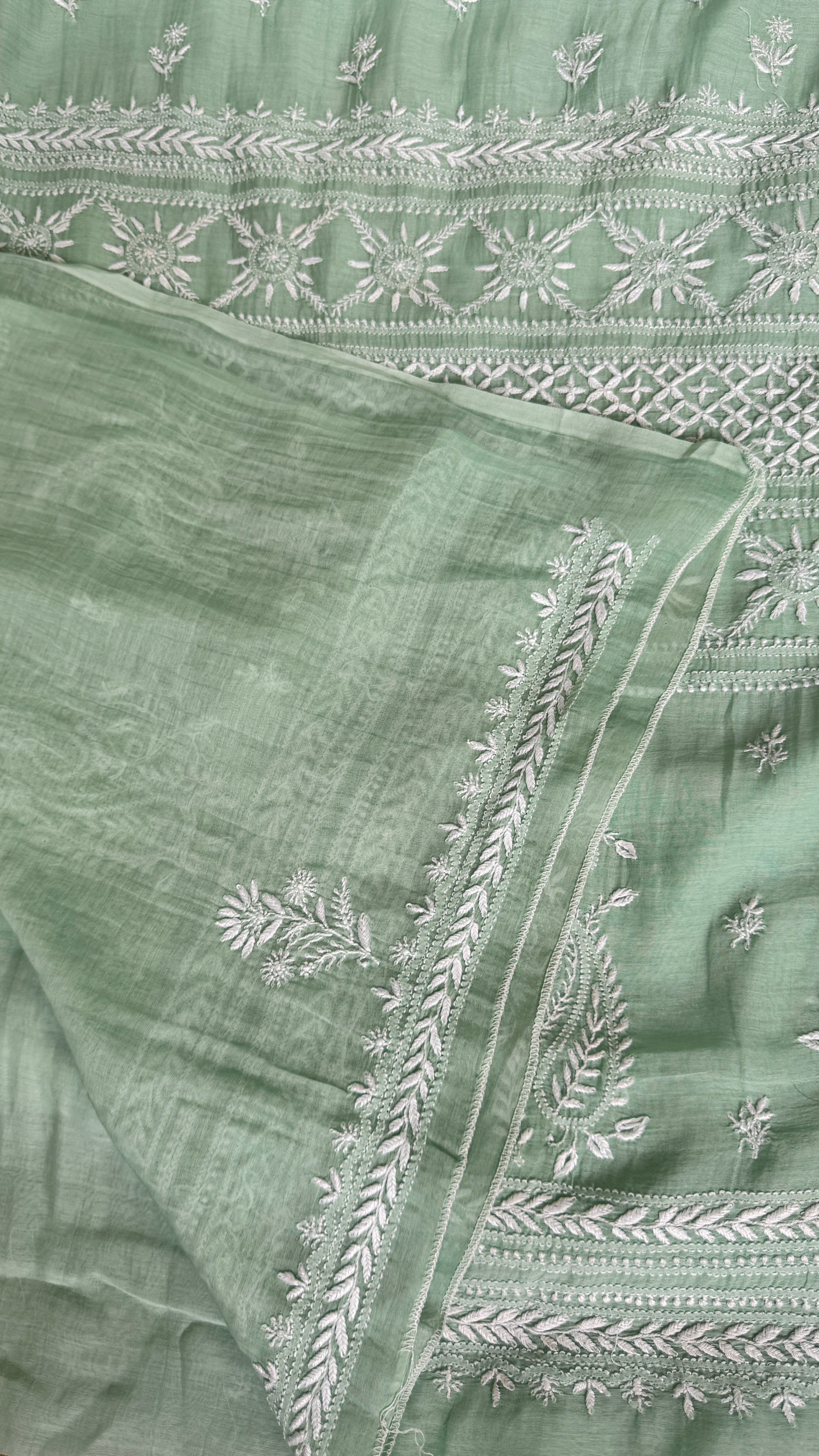 Pure Mul Chanderi Chikankari saree in Green
